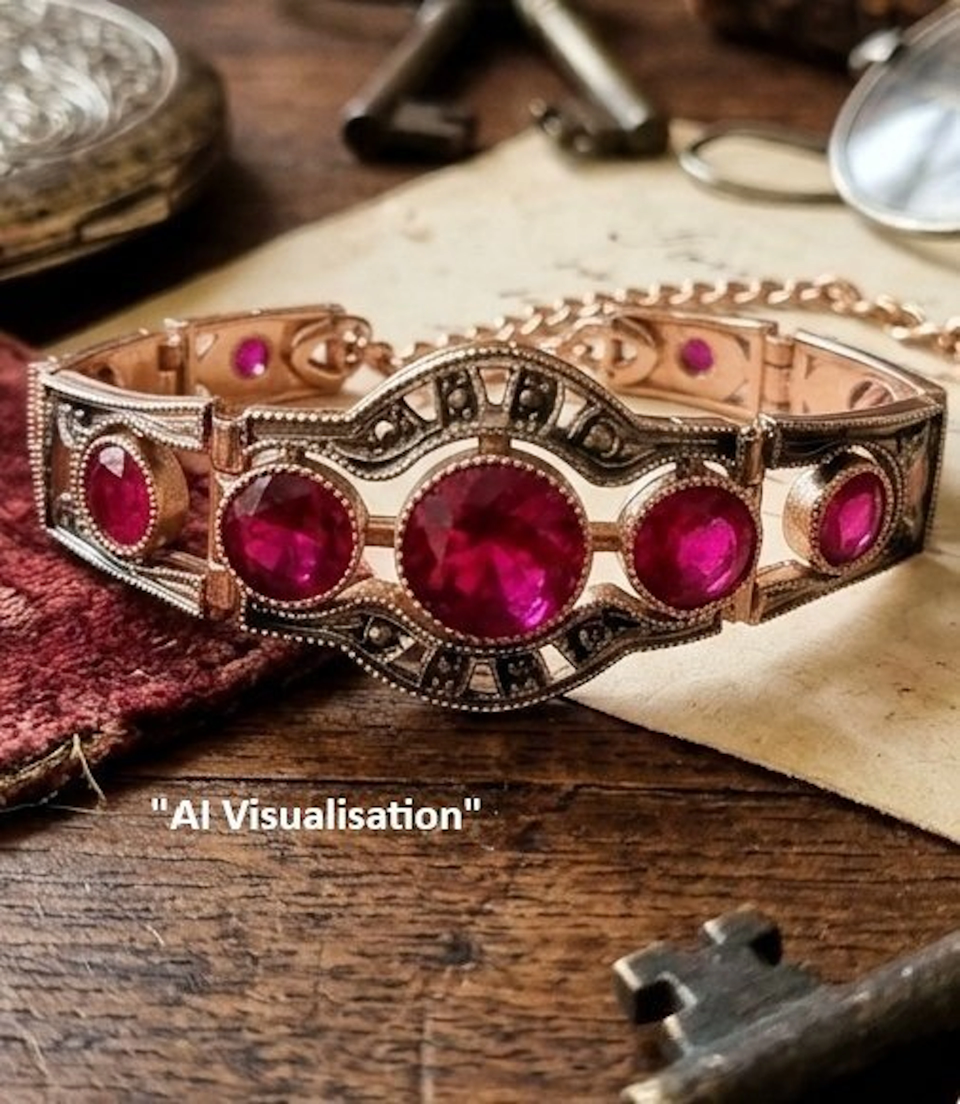 No reserve price - Bracelet - 9 kt. Rose gold, Silver Ruby - Diamond