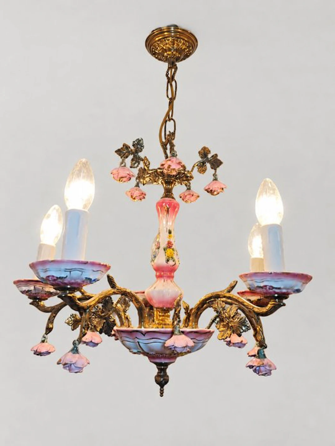Candle-style ceiling lamp - Gilt bronze - Capodimonte floral style