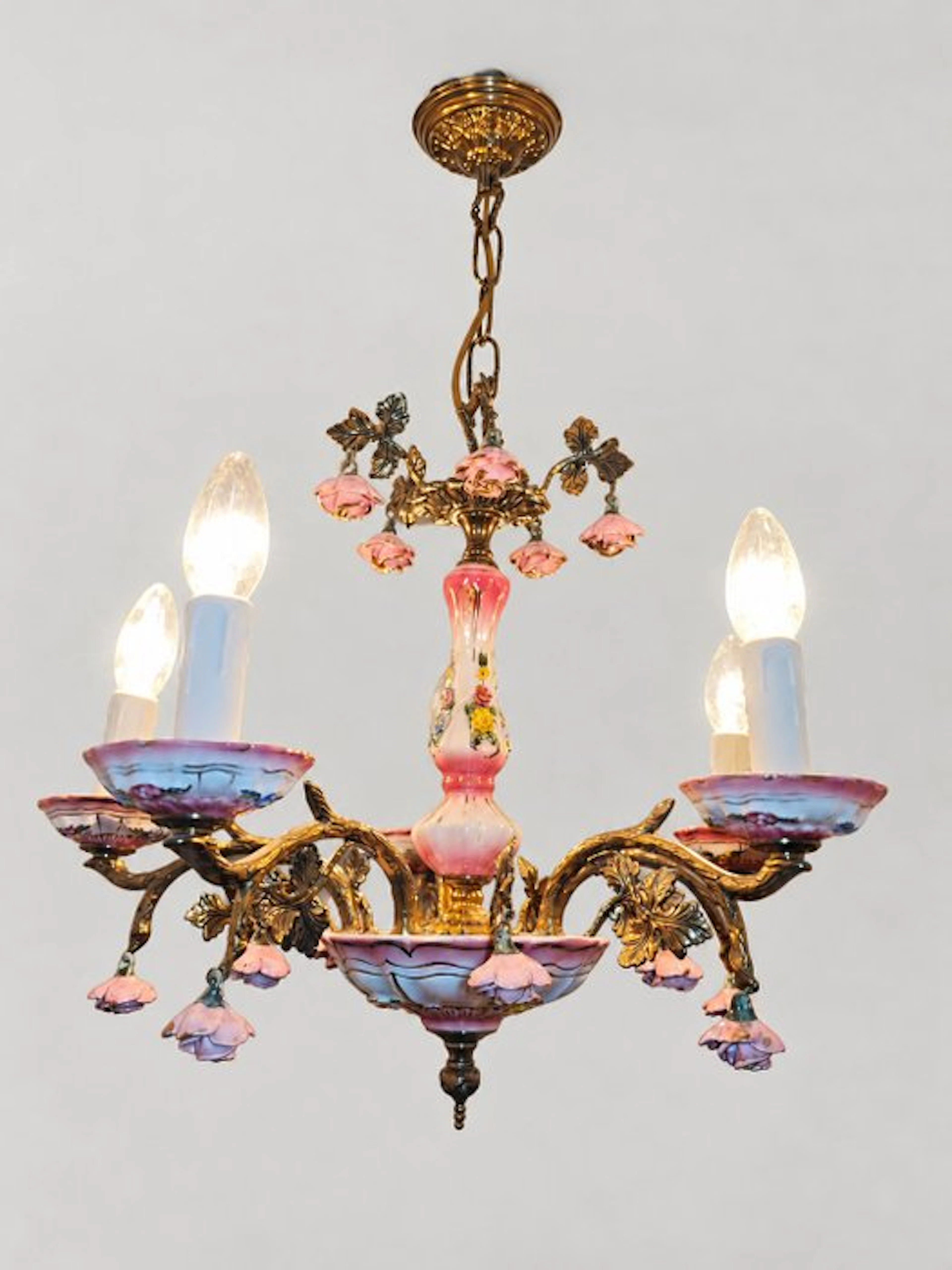 Candle-style ceiling lamp - Gilt bronze - Capodimonte floral style