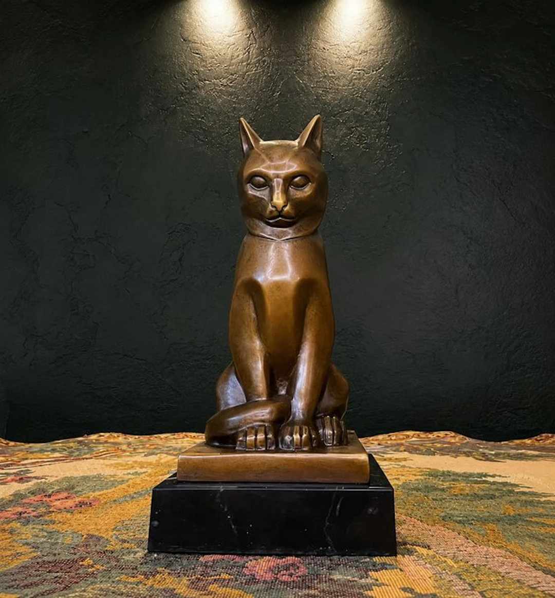 Coenraad - Sculpture, Elegante zittende kat - 17 cm - Bronze, Marble