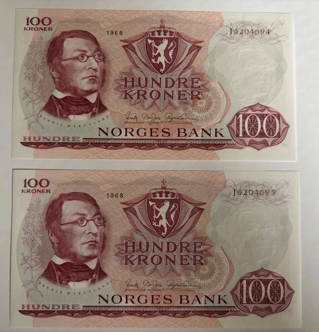 Norway. - 2 x 100 Kroner 1968 - consecutive - Pick 38b (No reserve price)
