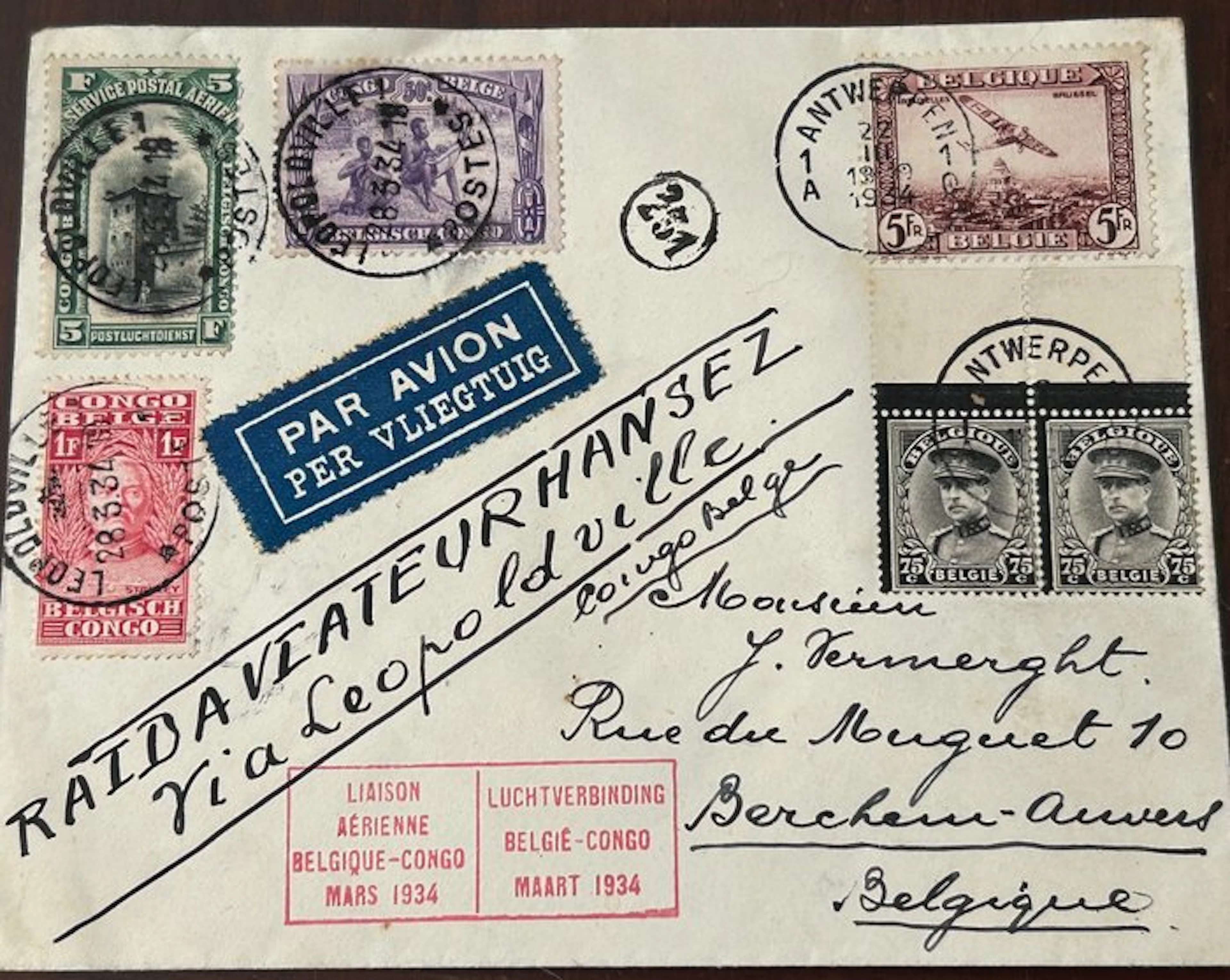 Belgium 1934 - Airmail letter 'RAID AVIATEUR HANSEZ'...
