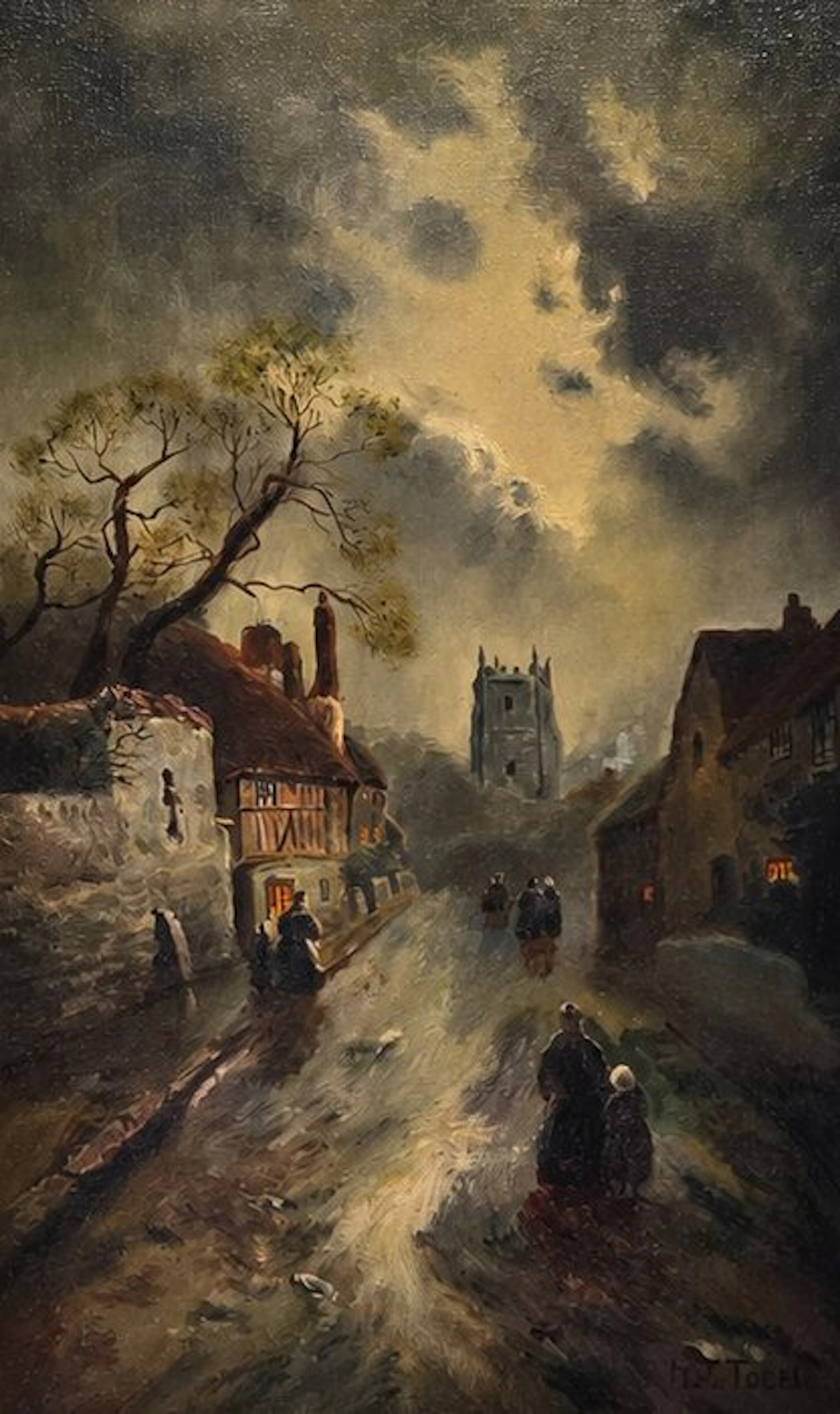 Dutch school (XX) - Village Street at Dusk