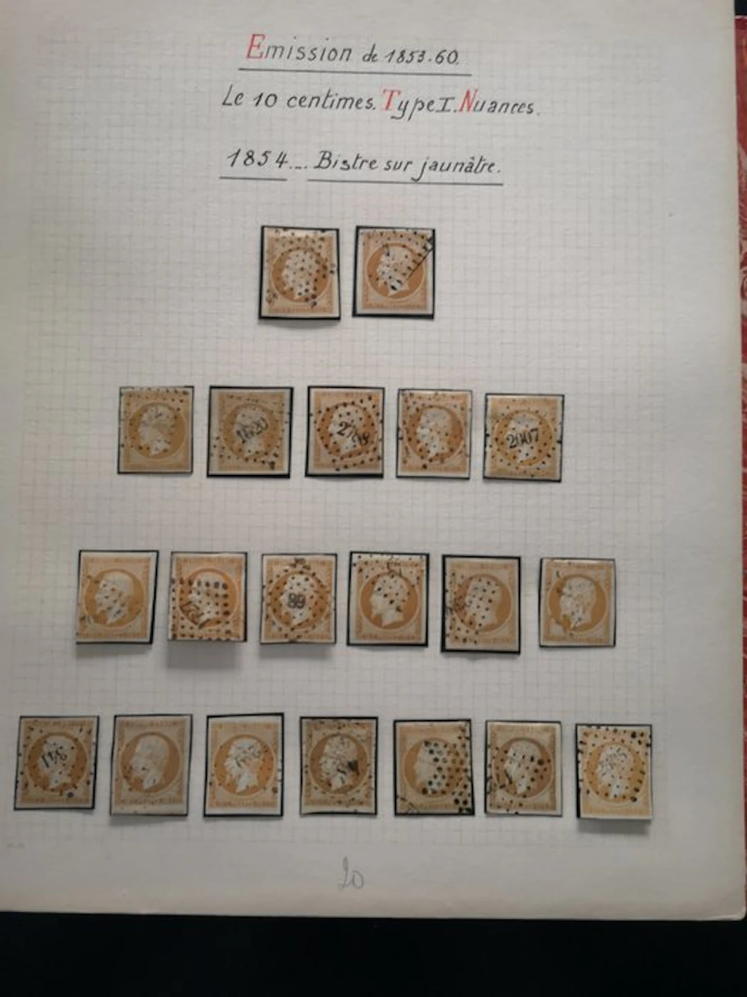 France - Wonderful 28-page study on the 10c bistre with nuances (lemon) pairs