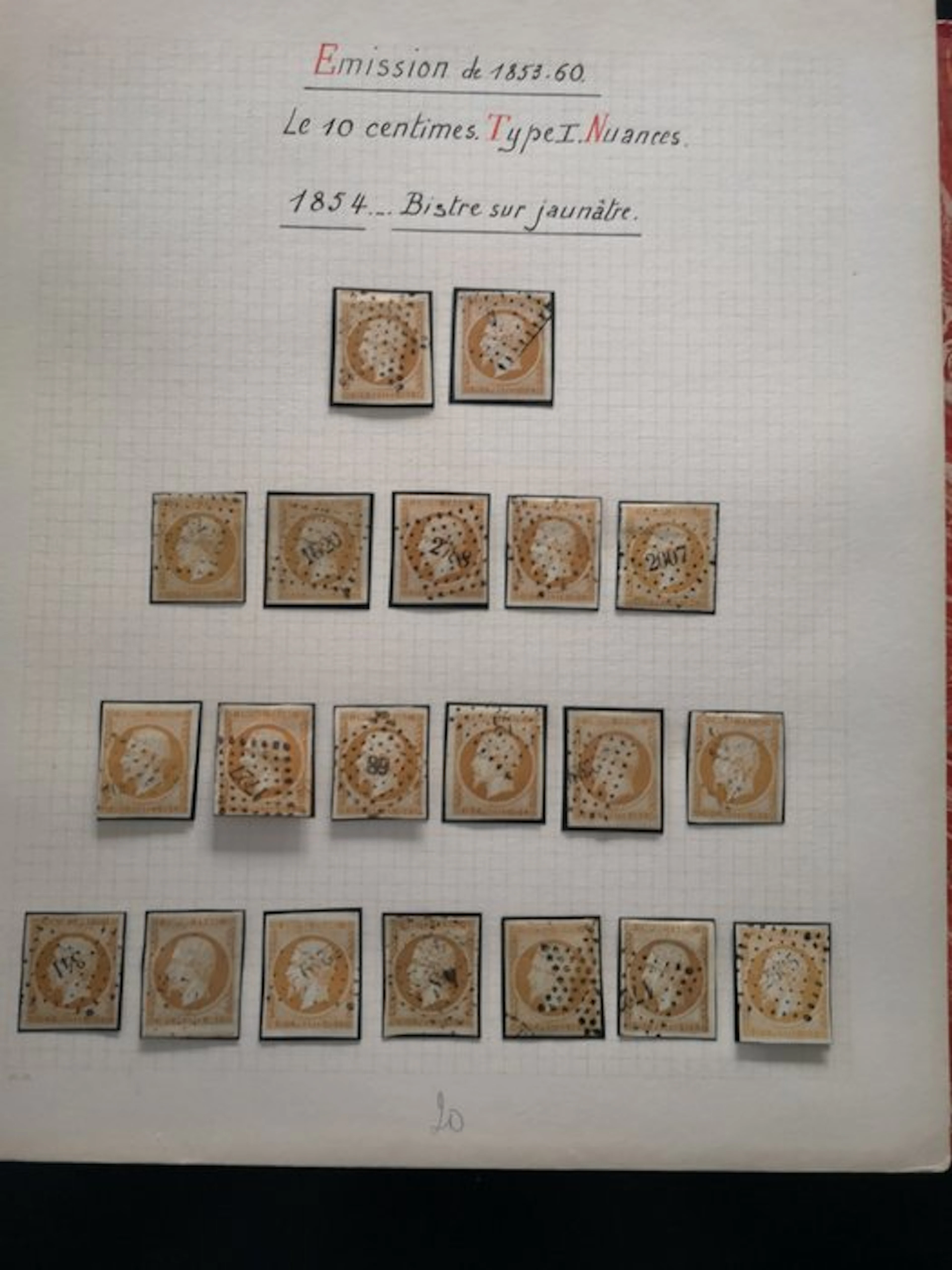 France - Wonderful 28-page study on the 10c bistre with nuances (lemon) pairs
