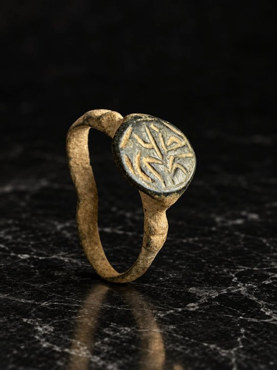 Medieval Bronze Ring with Engraved Oval Bezel 10th to...