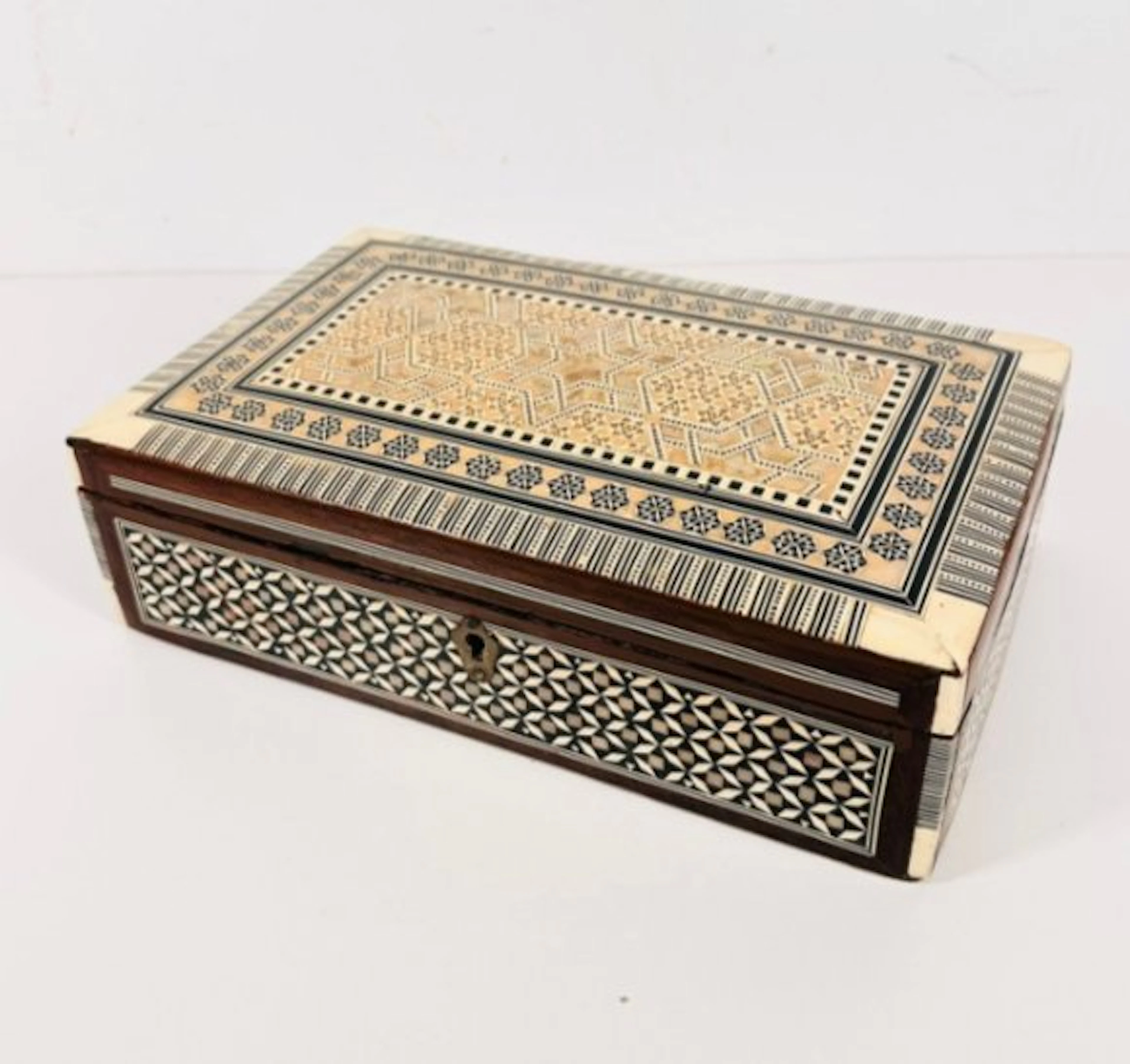 Box - Geometric Mother-of-Pearl Inlaid Wooden Jewellery Box - Wood