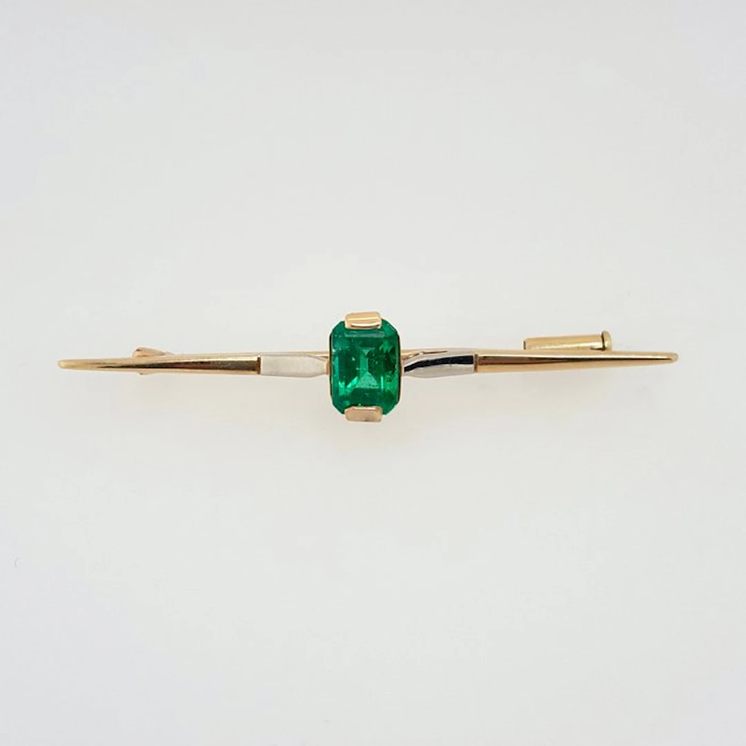 Brooch - 14 kt. Yellow gold, White gold Emerald