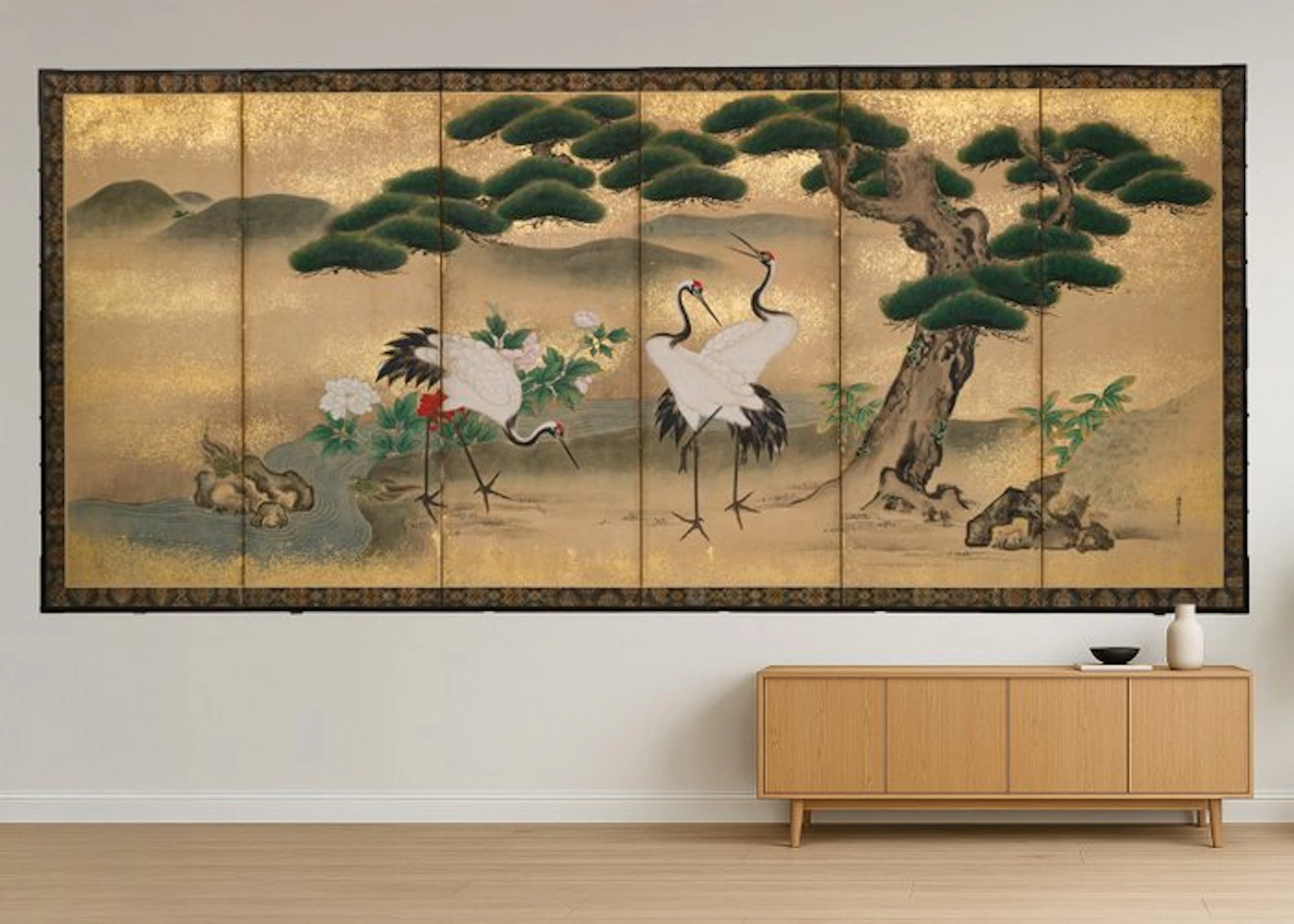 Folding screen with cranes - Paper