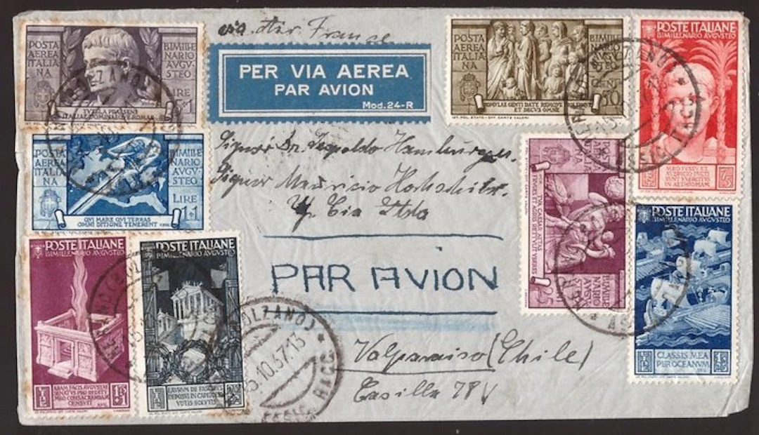 Italy Kingdom - Airmail envelope to Chile, 1937, prepaid at the tariff rate.