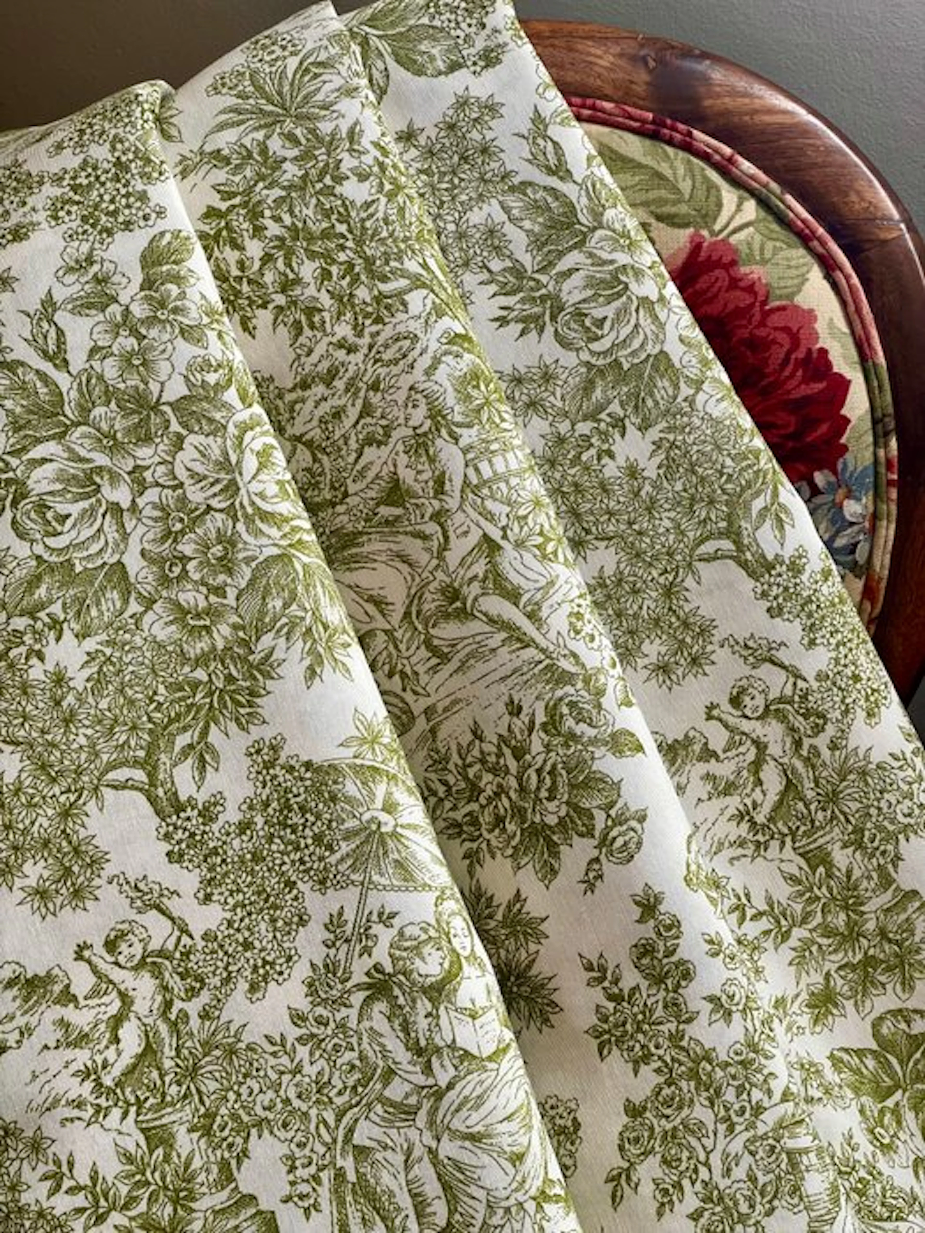 ** Five meters of double-width green Toile de Jouy fabric...