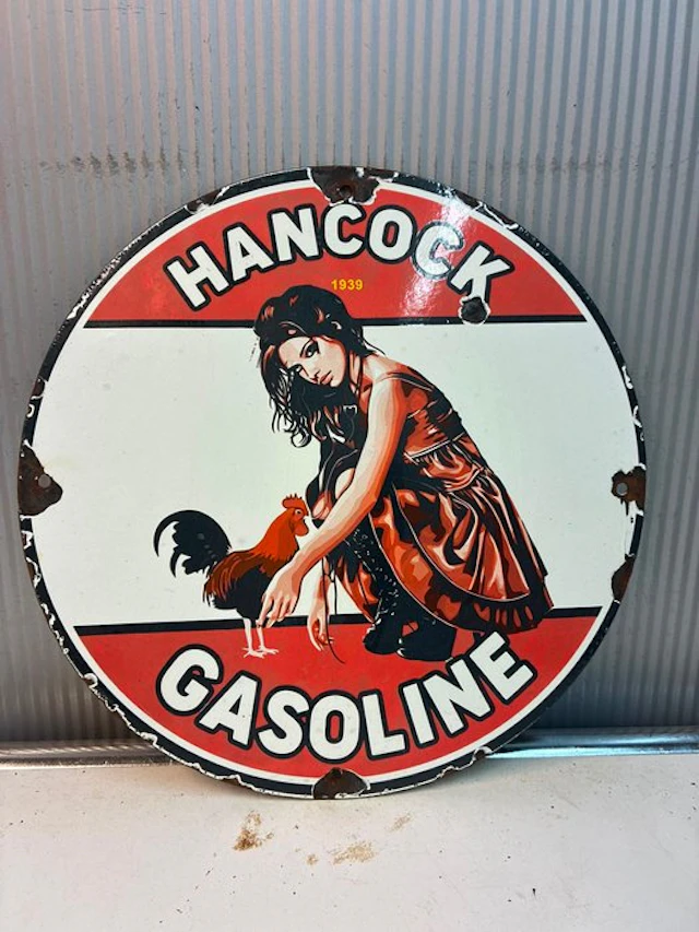 Hancock Gasoline 1939 – Reclamebord met cowboy en paard - Enamel sign - Enamel