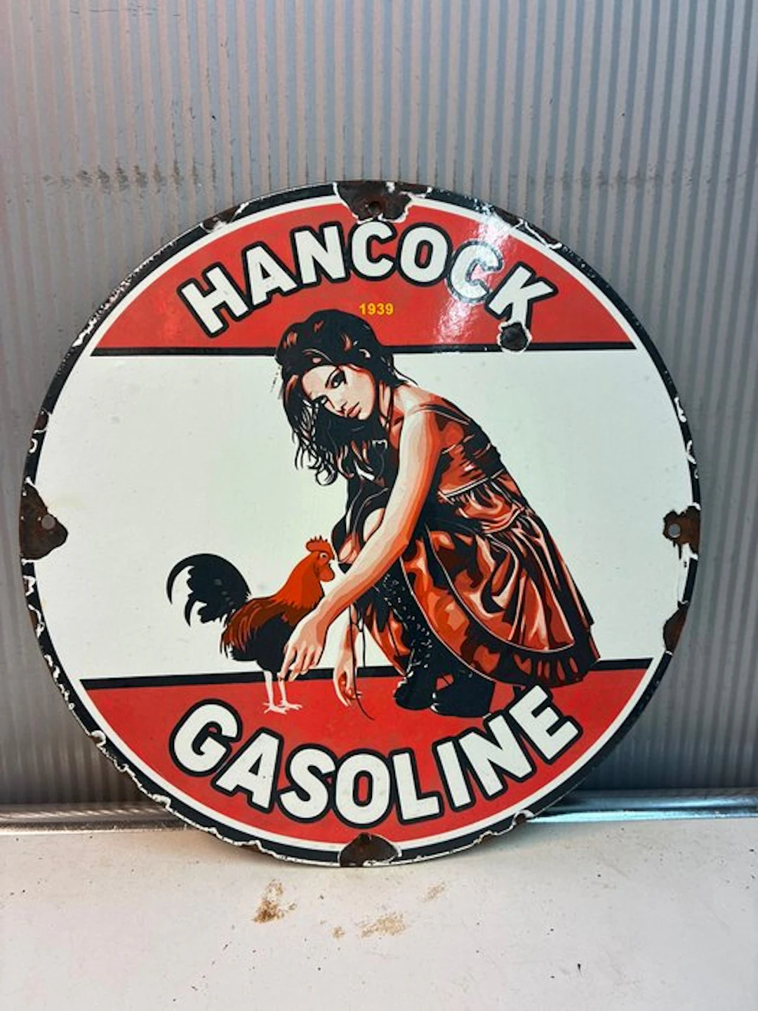 Hancock Gasoline 1939 – Reclamebord met cowboy en paard - Enamel sign - Enamel