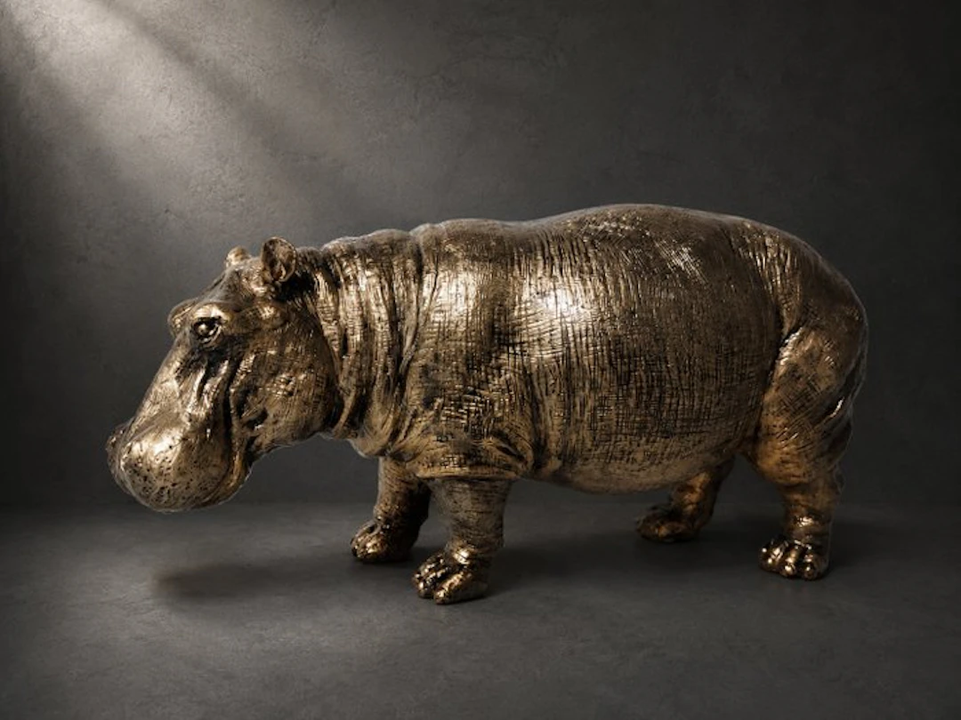 Statue, hippopotamus (hippo) in gold bronze finish - 24 cm - polyresin