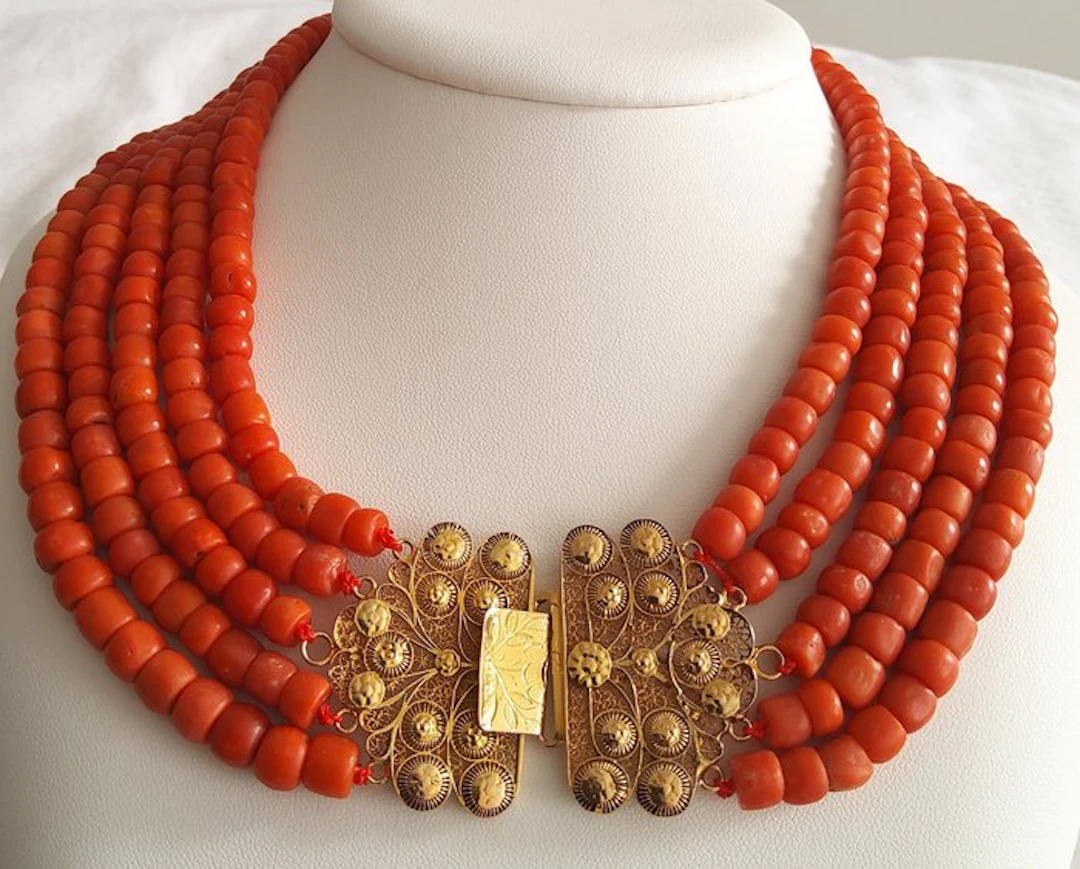 Necklace - 14 kt. Yellow gold - Red coral