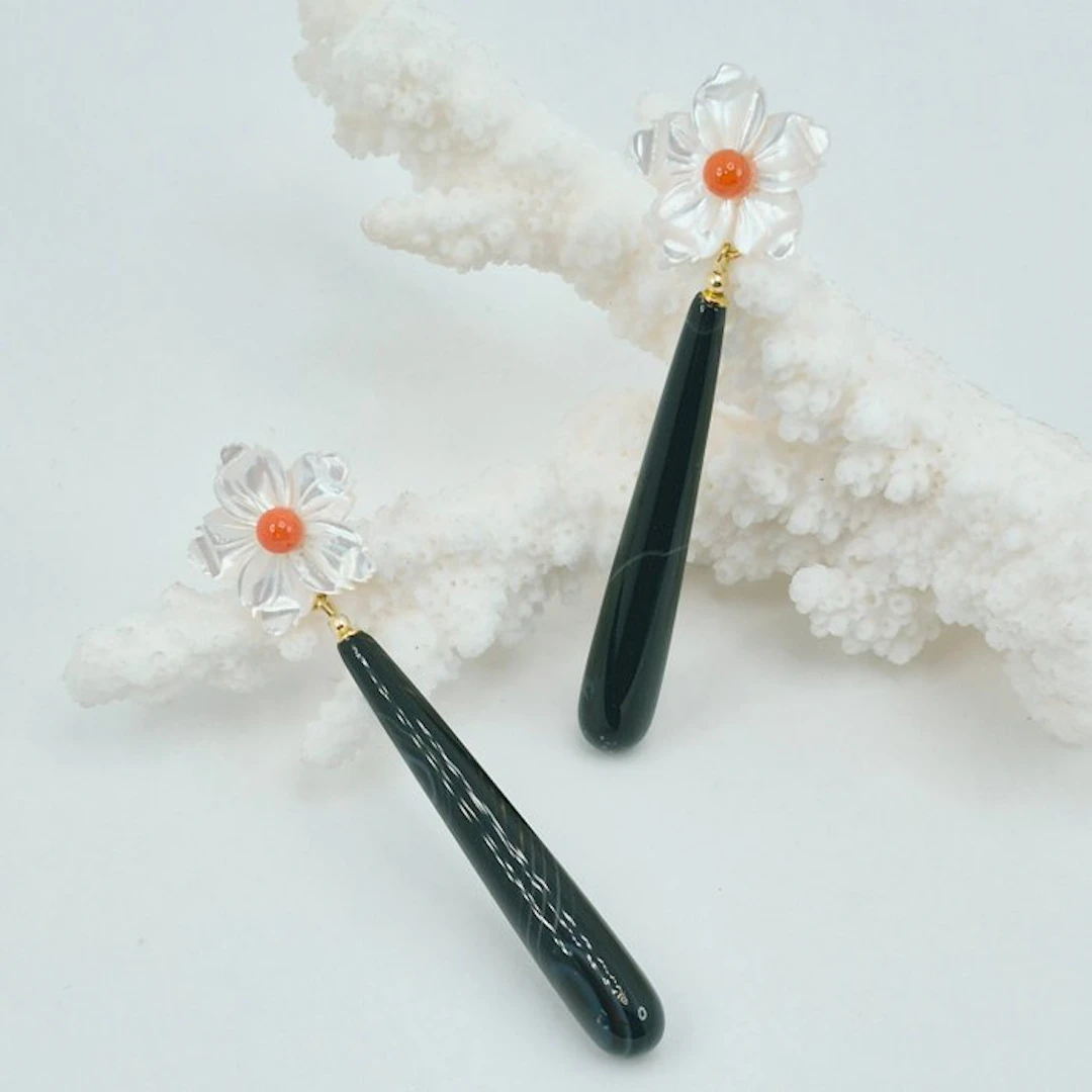 Blood Coral - Silver, Gold-plated - Earrings - ONYX CORAL, MOTHER-OF-PEARL