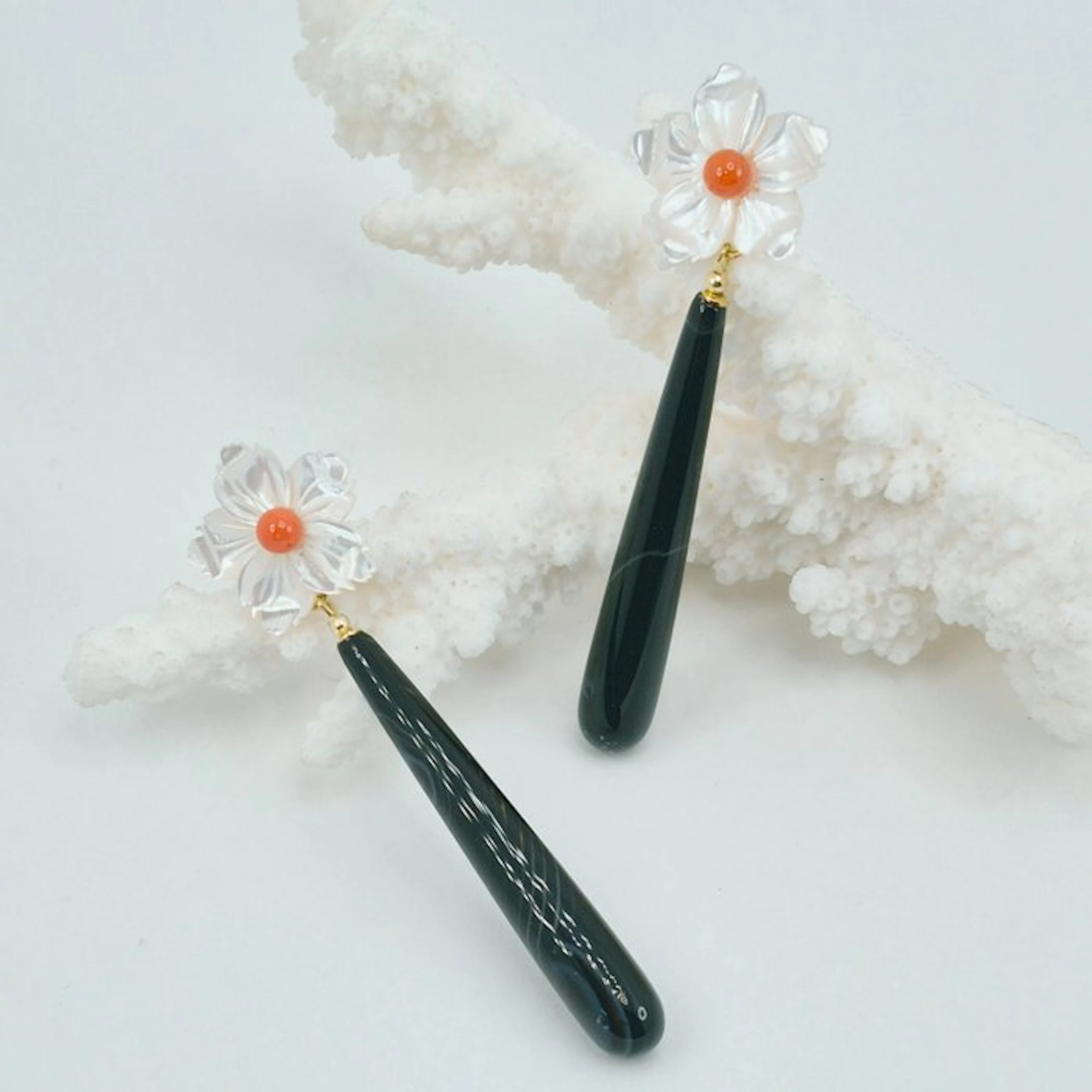 Blood Coral - Silver, Gold-plated - Earrings - ONYX CORAL, MOTHER-OF-PEARL
