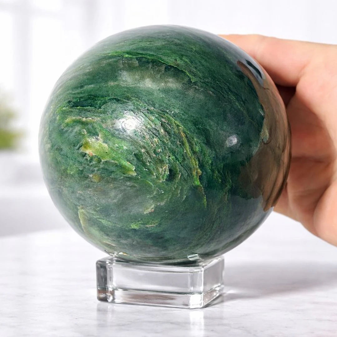 Premium Nephrite Jade Sphere with Organic Green Patterns - Ø 103mm-