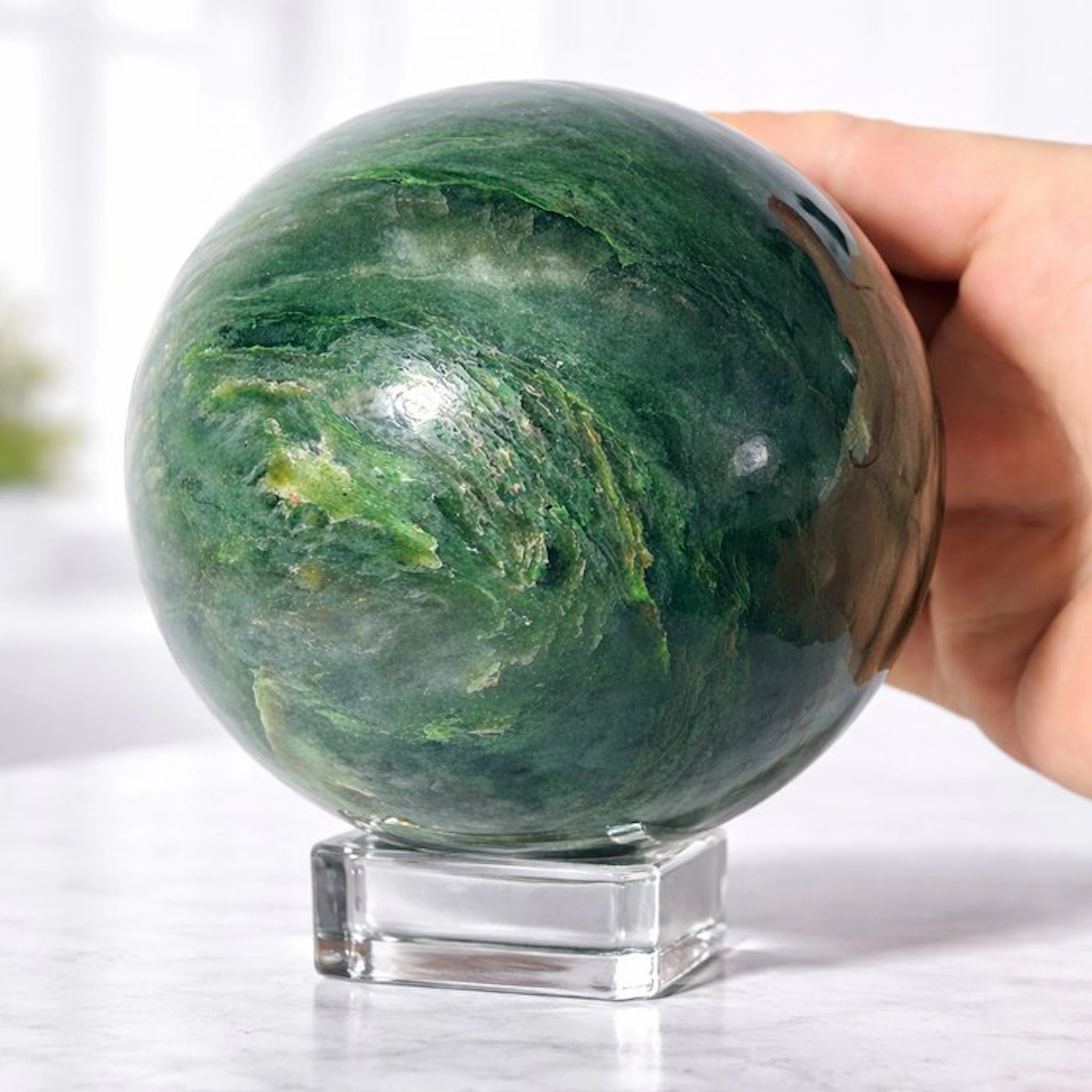 Premium Nephrite Jade Sphere with Organic Green Patterns - Ø 103mm-