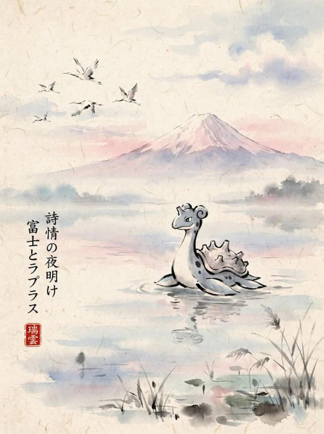 Henshin (Marco Celante) - Lapras | Mount Fuji Dawn Sumi-e Pokémon