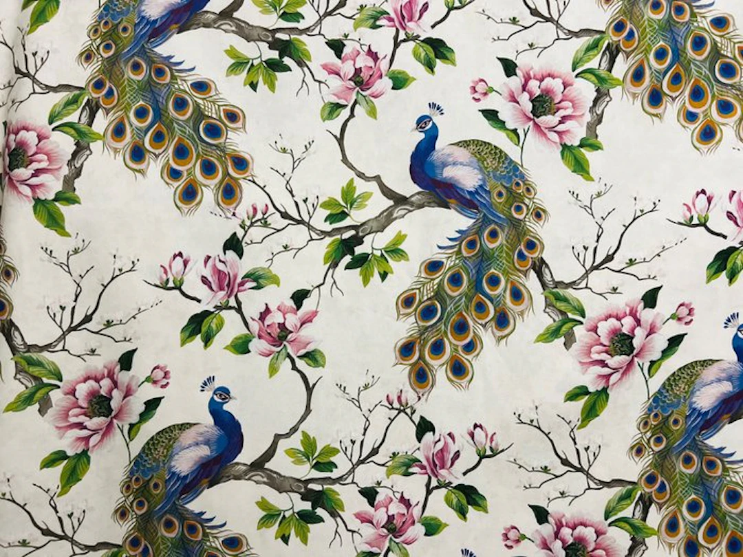 OEKO-TEX certified cotton fabric – Peacocks and flowers...