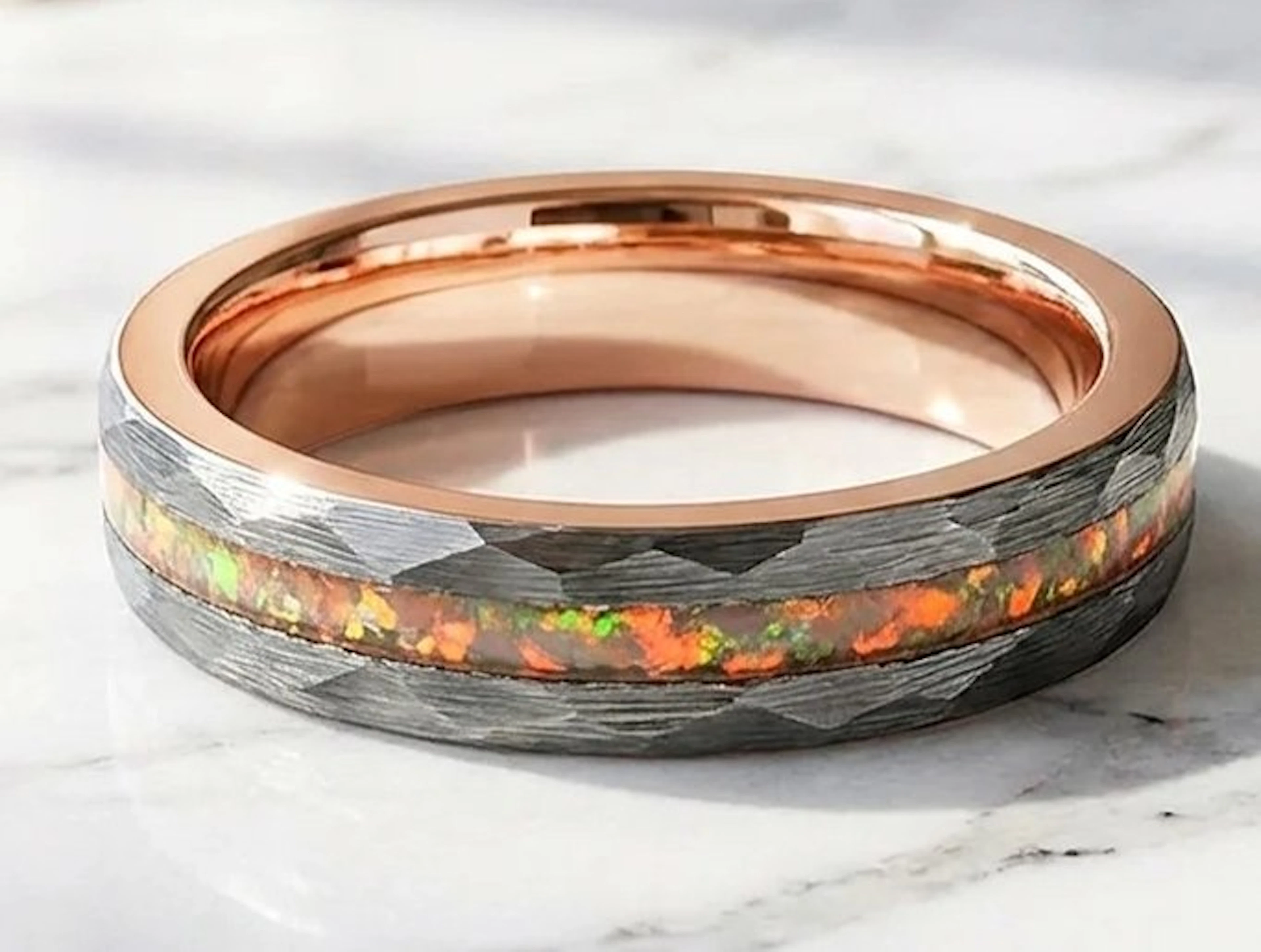 Hammered tungsten carbide ring with Fire Opal Polished- 9.8 g