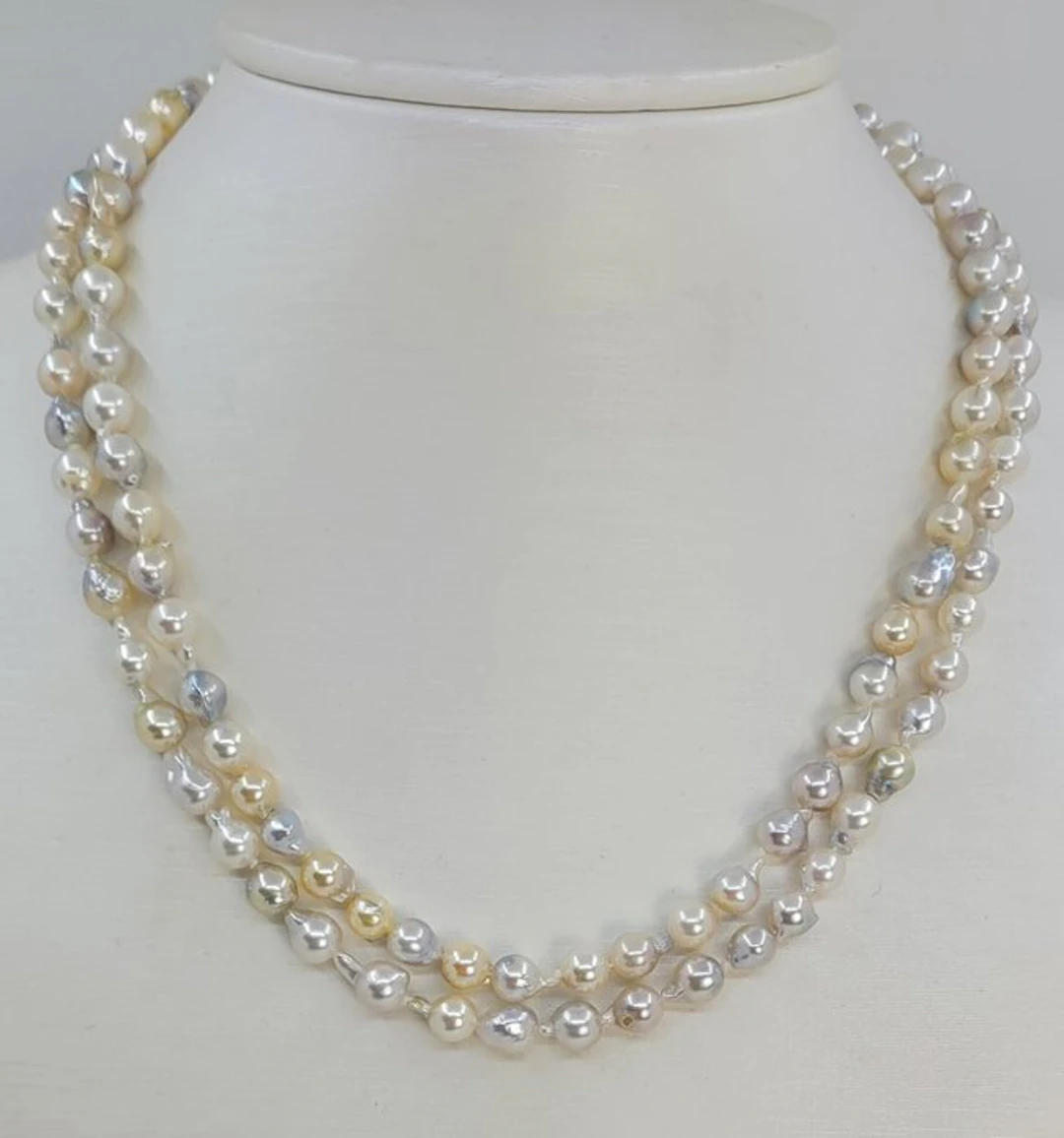 Necklace Silver, 5.5x6mm Multi Golden and Silvery Akoya Pearls