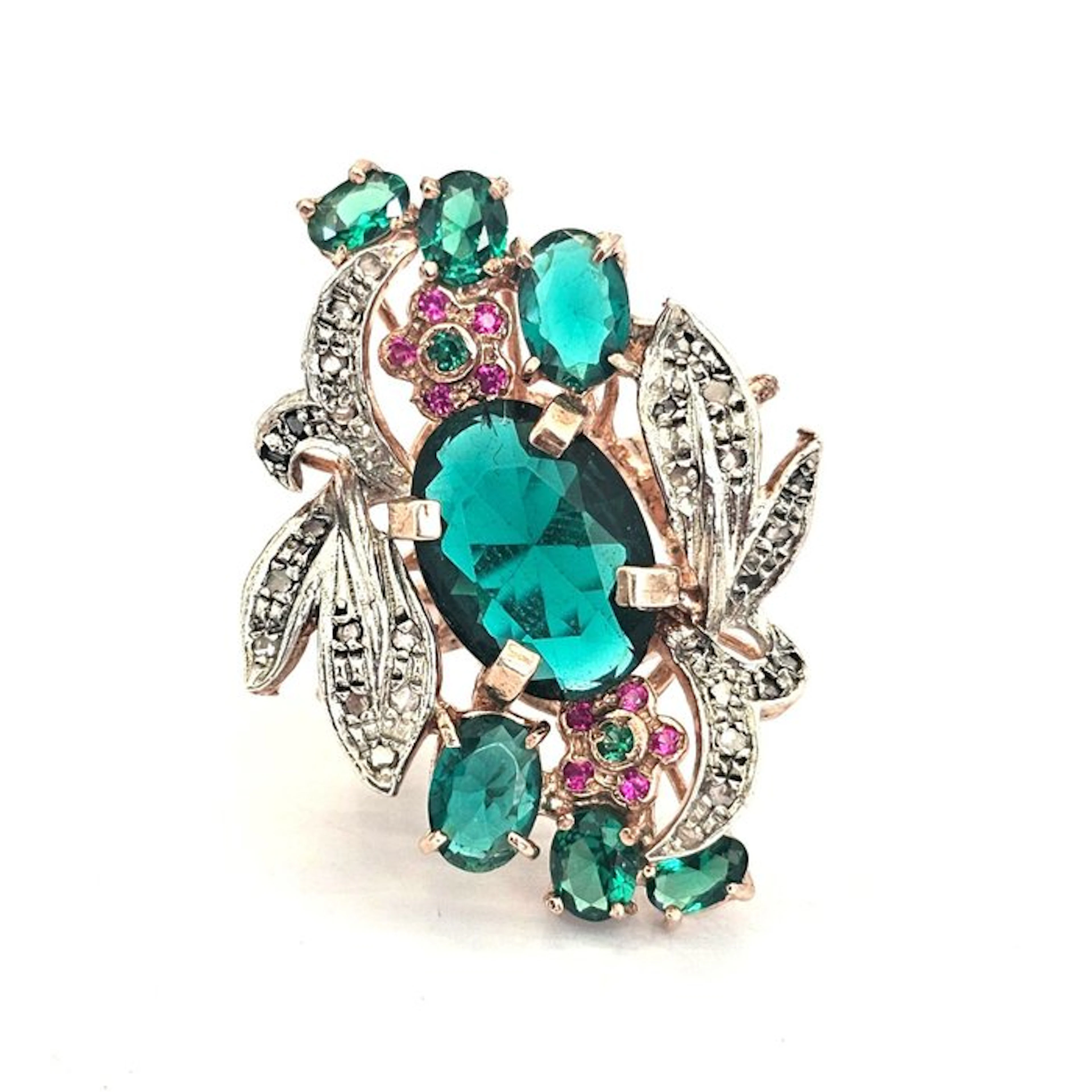 No reserve price - Ring - 9 kt. Rose gold, Silver Diamond (Natural) - Spinel