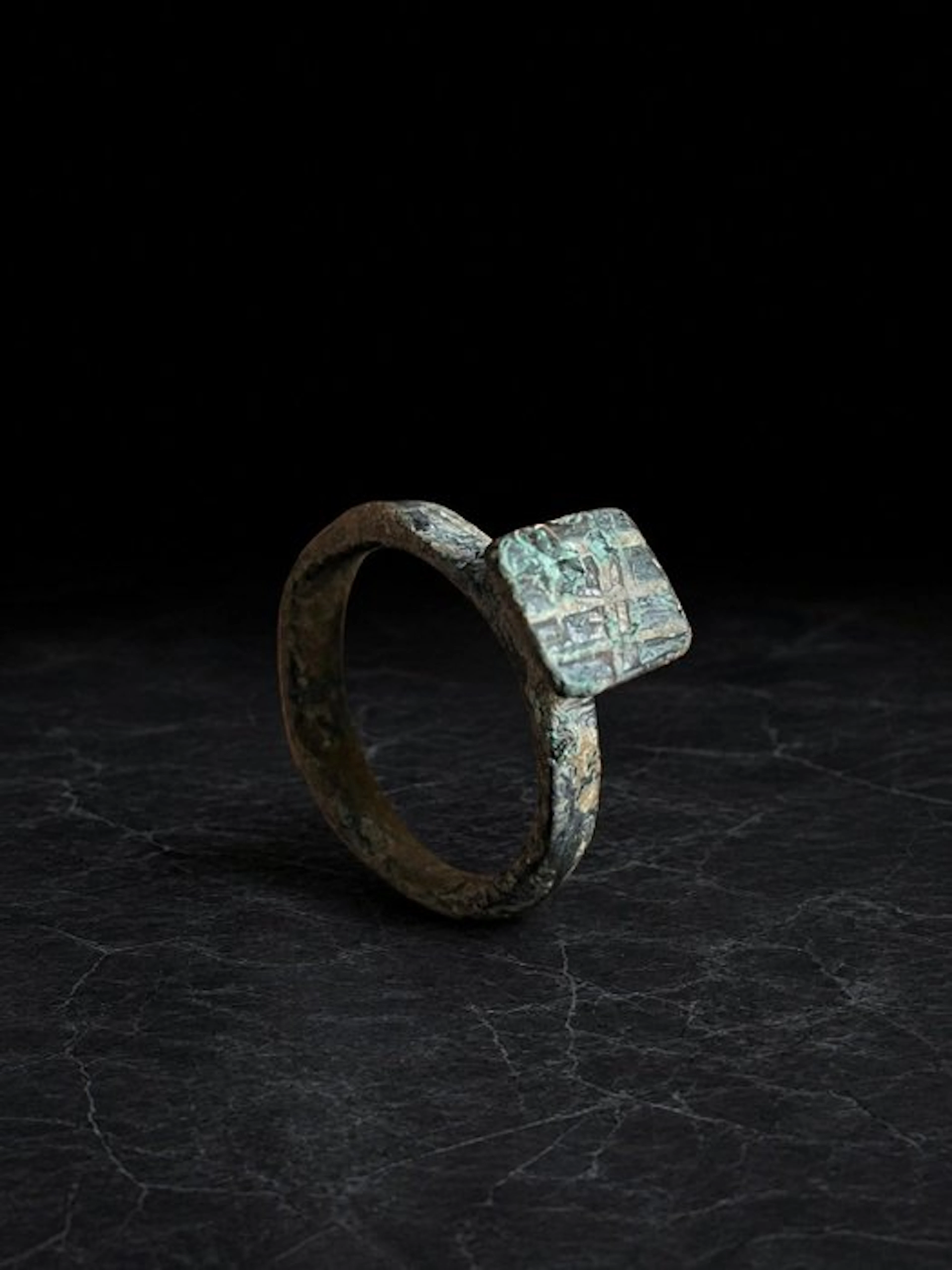 Medieval Bronze Bronze Ring with Geometric Engraved Bezel...