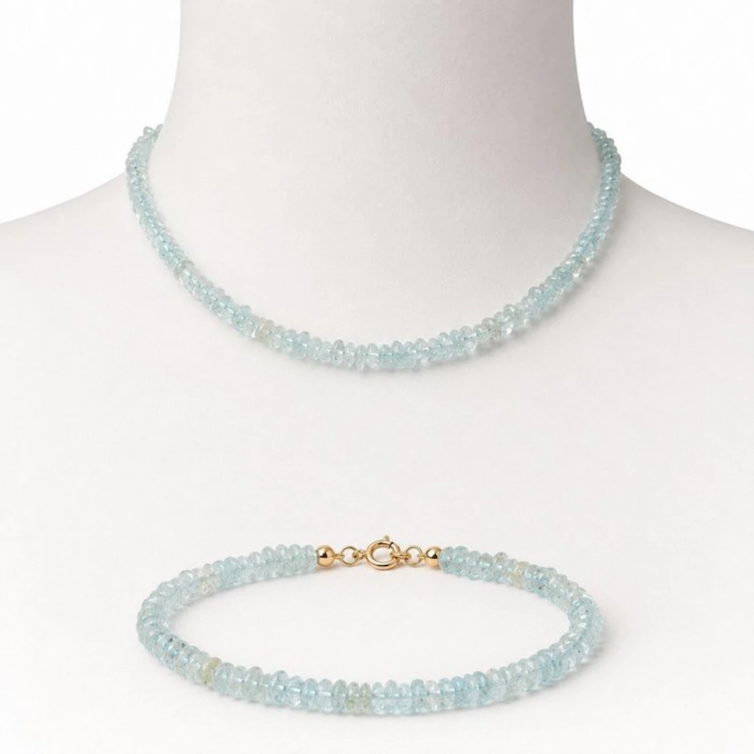 No reserve price - 2 piece jewellery set - 18 kt. Yellow gold Aquamarine