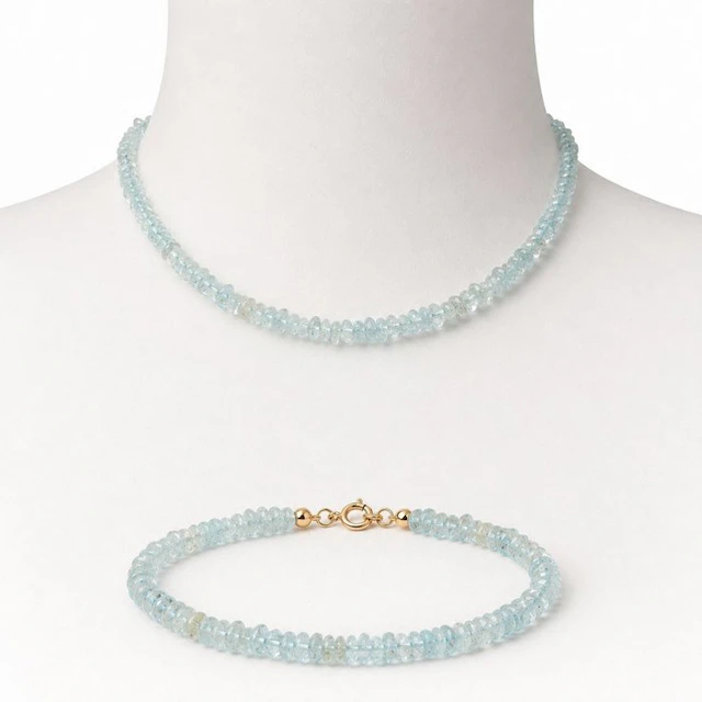 No reserve price - 2 piece jewellery set - 18 kt. Yellow gold Aquamarine