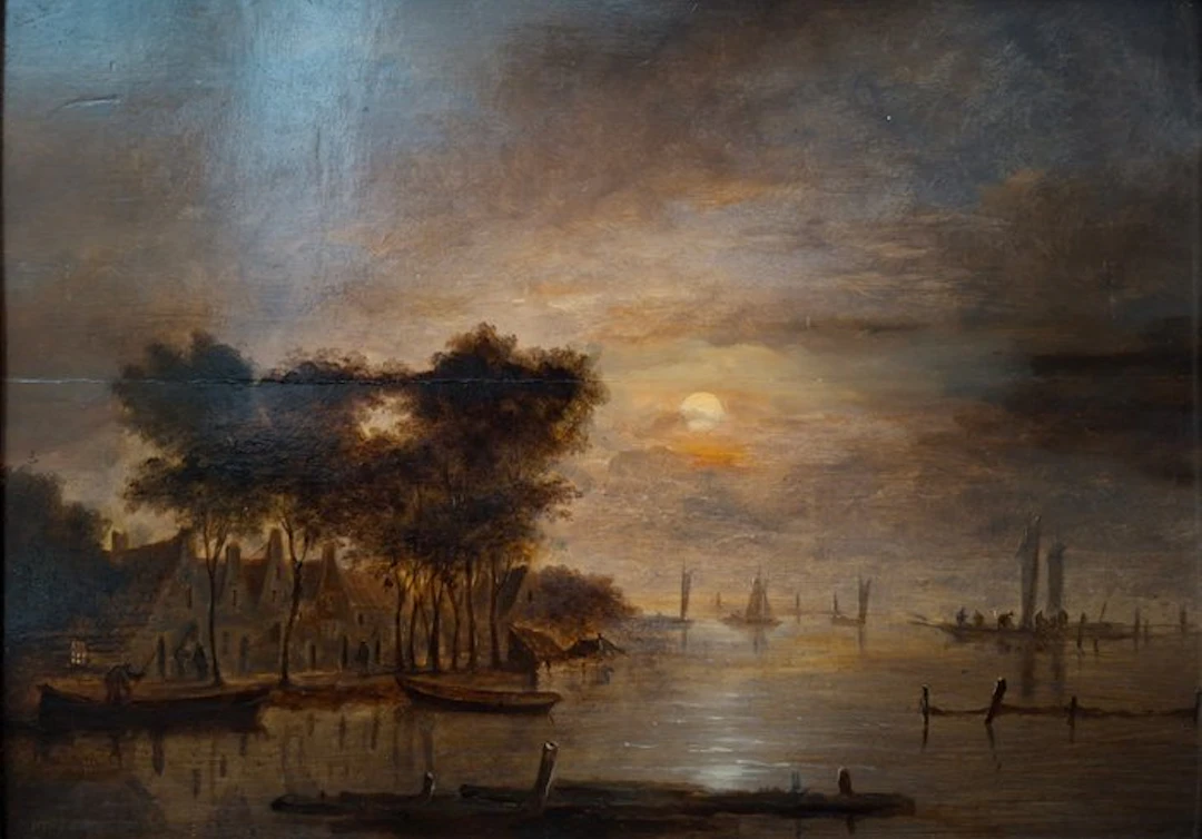 Johannes Verhoogh (1798-1861) - Dutch river landscape by moonlight