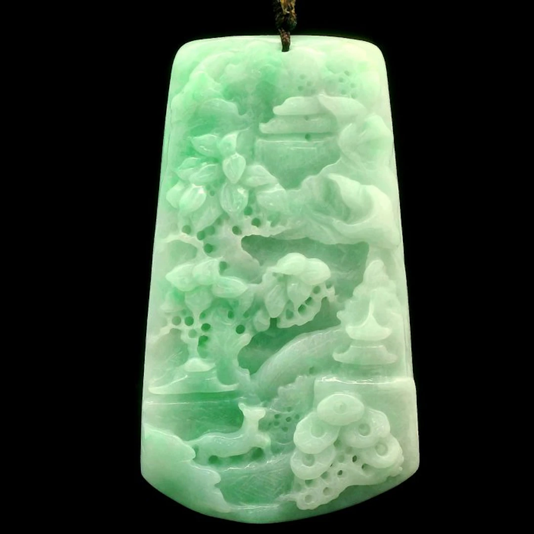 Jade - Jadeite Pendant – Hand-Carved Landscape Scene –...