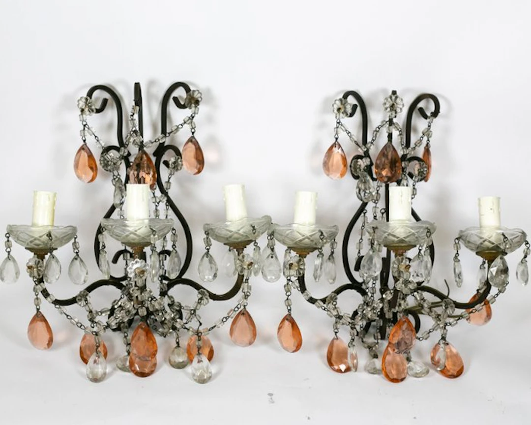 Wall sconce (2) - Worked metal, transparent Murano glass, and peach color.