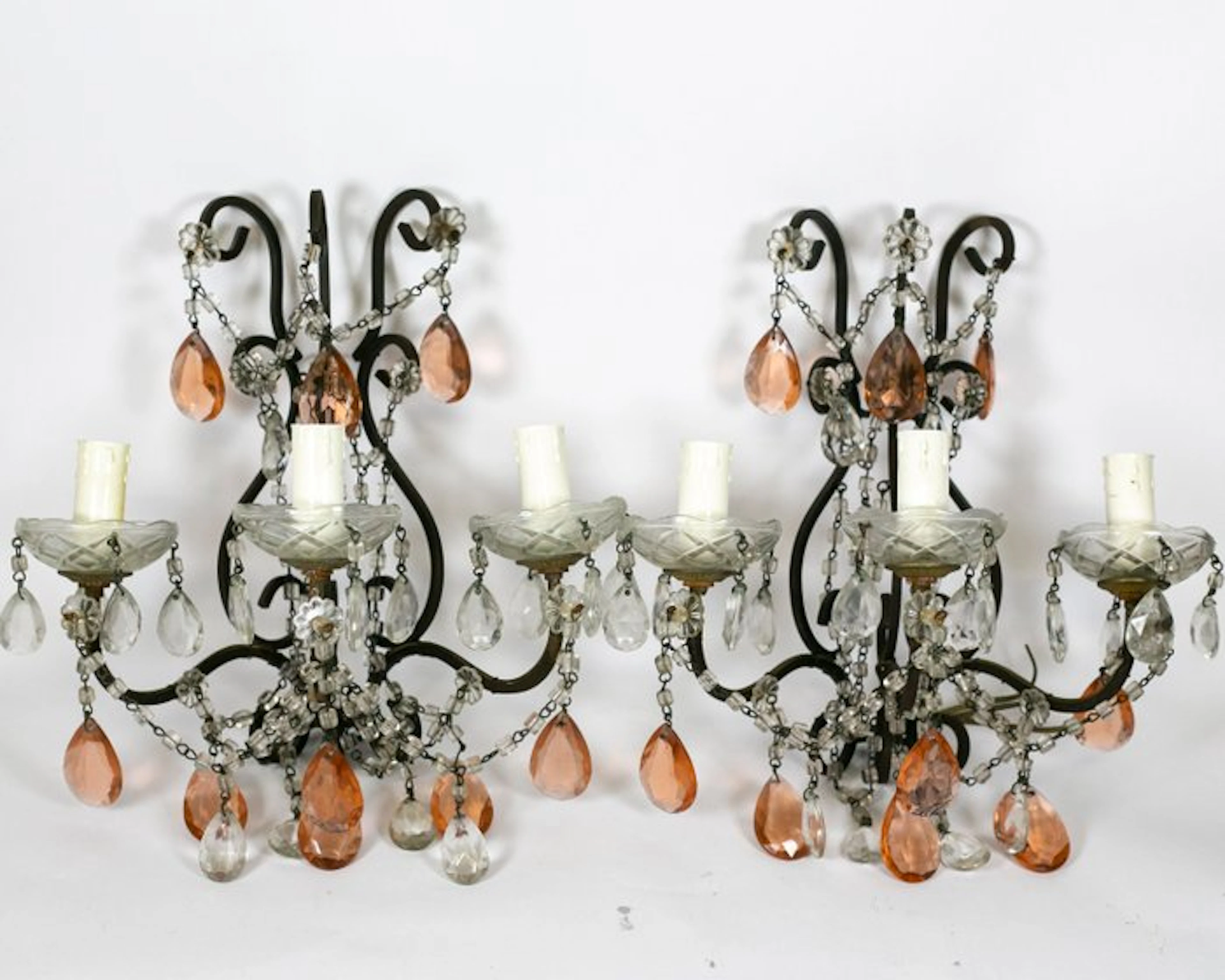 Wall sconce (2) - Worked metal, transparent Murano glass, and peach color.