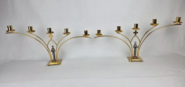 Candelabrum (2) - Gilt brass - Pair of altar candlesticks - 59 cm