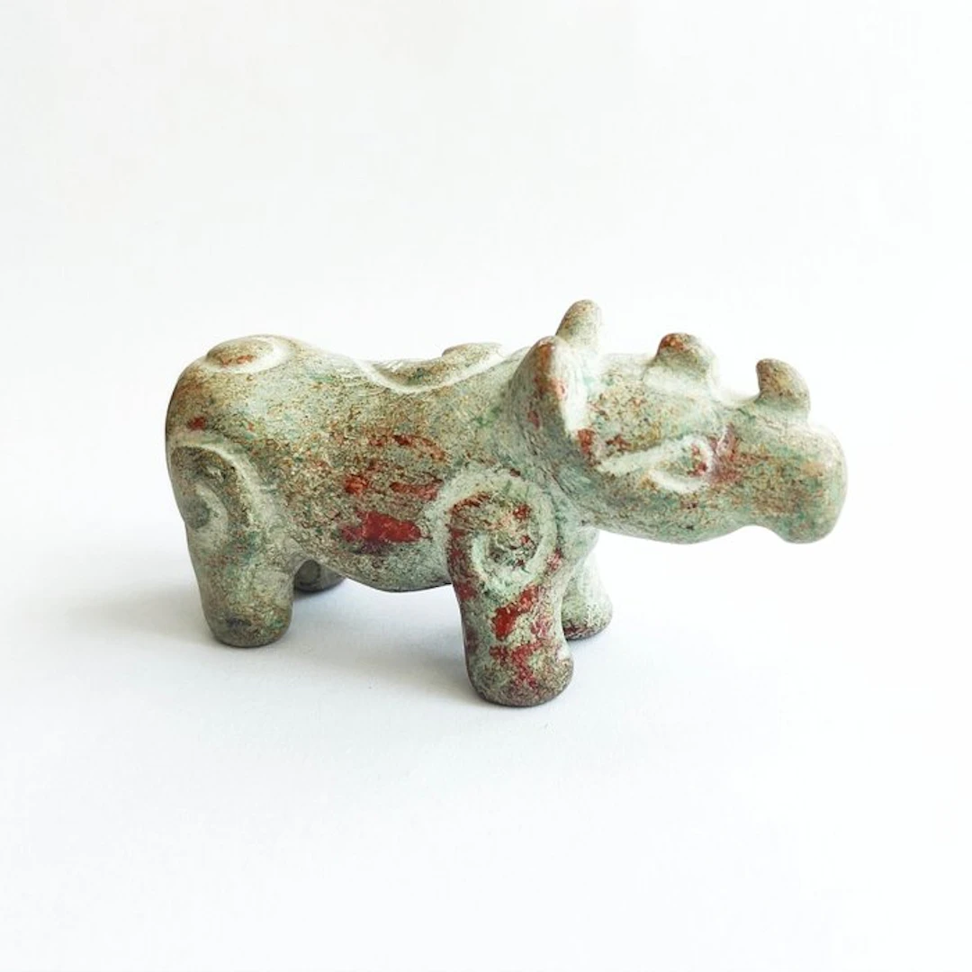 Tibetan/Burmese Jasper Ciseled Rhinoceros Altar Idol Bead Talisman - 41 mm