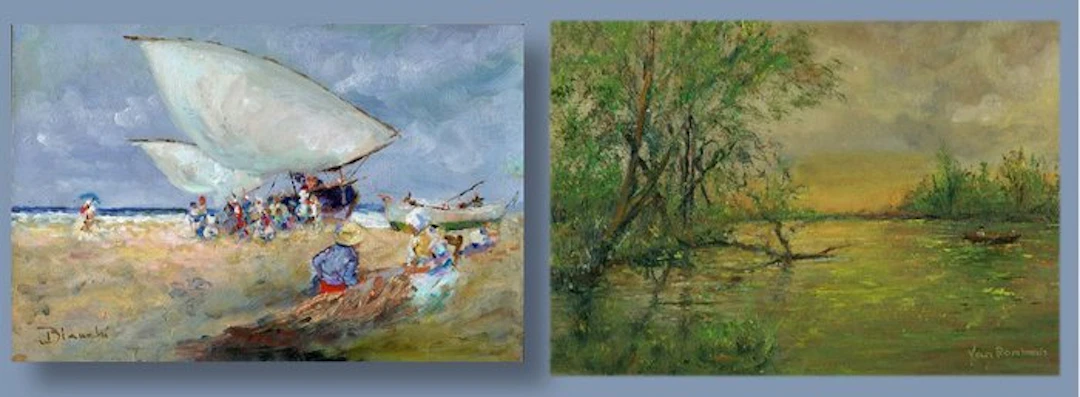 Van Romhaais y Bianchi (XX) - Paisaje al atardecer y Pescadores mediterráneos