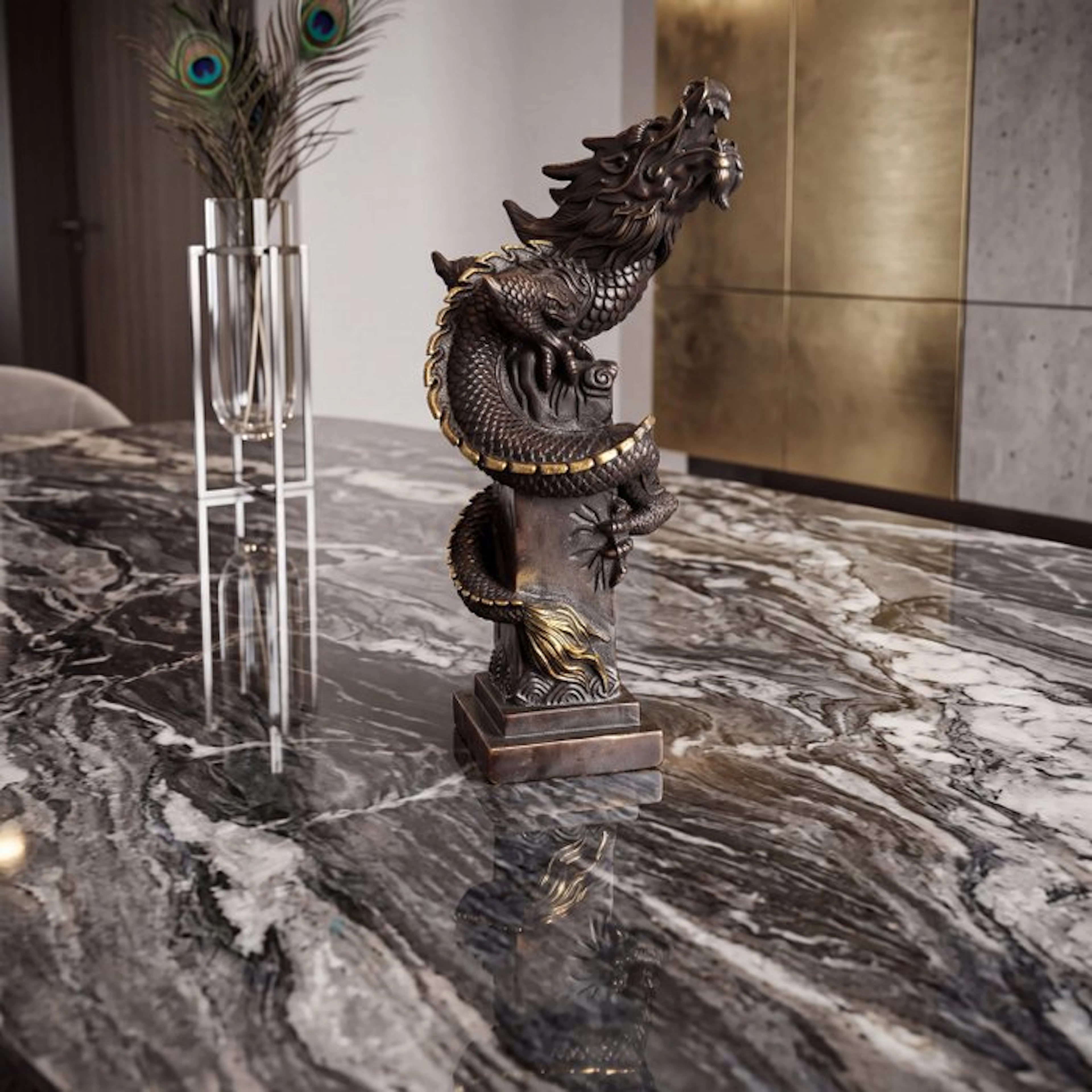 Statue, Drakenstandbeeld 25.5 cm - 25.5 cm - Bronze