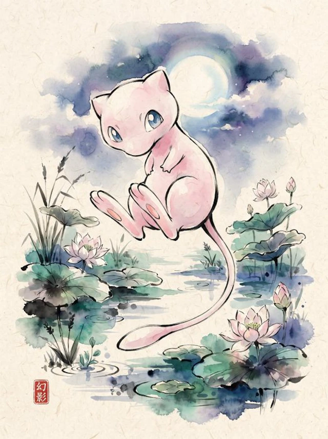 Henshin (Marco Celante) - Mew | Lotus Pond Moonlight Sumi-e Pokémon