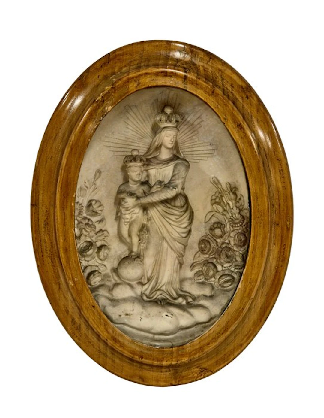 Relief, Madonna del roseto - 33 cm - Plaster, Glass, Wood