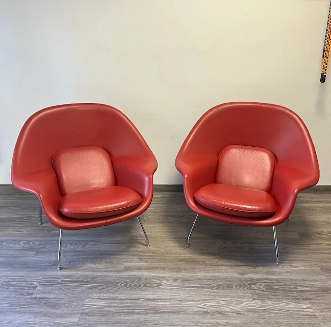 Knoll - Eero Saarinen - Armchair (2) - Womb Chair - Leather, Chrome