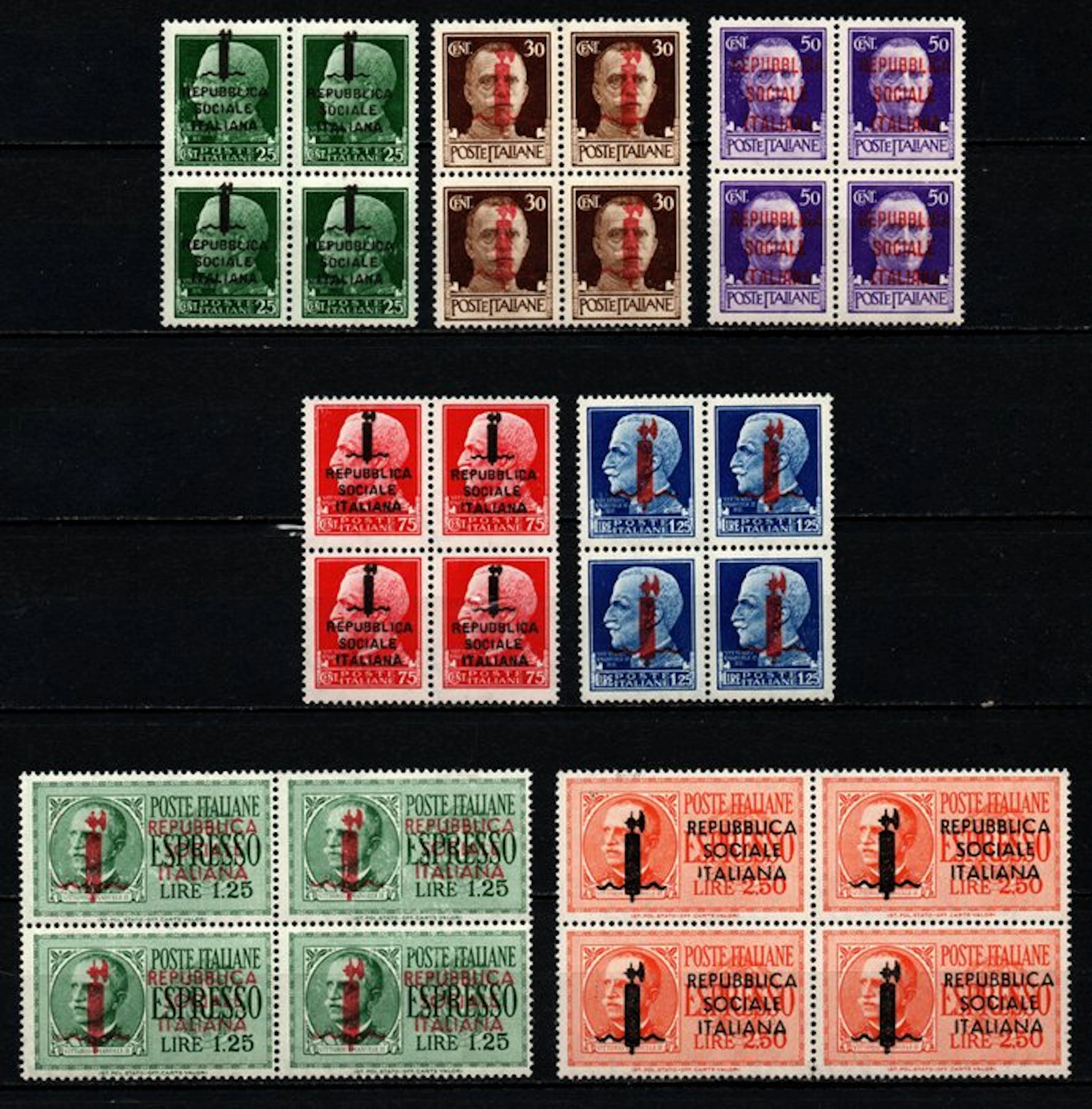 Italy 1944 - Italian Social Republic in a quatrain - Sassone 491/495 S. 1805