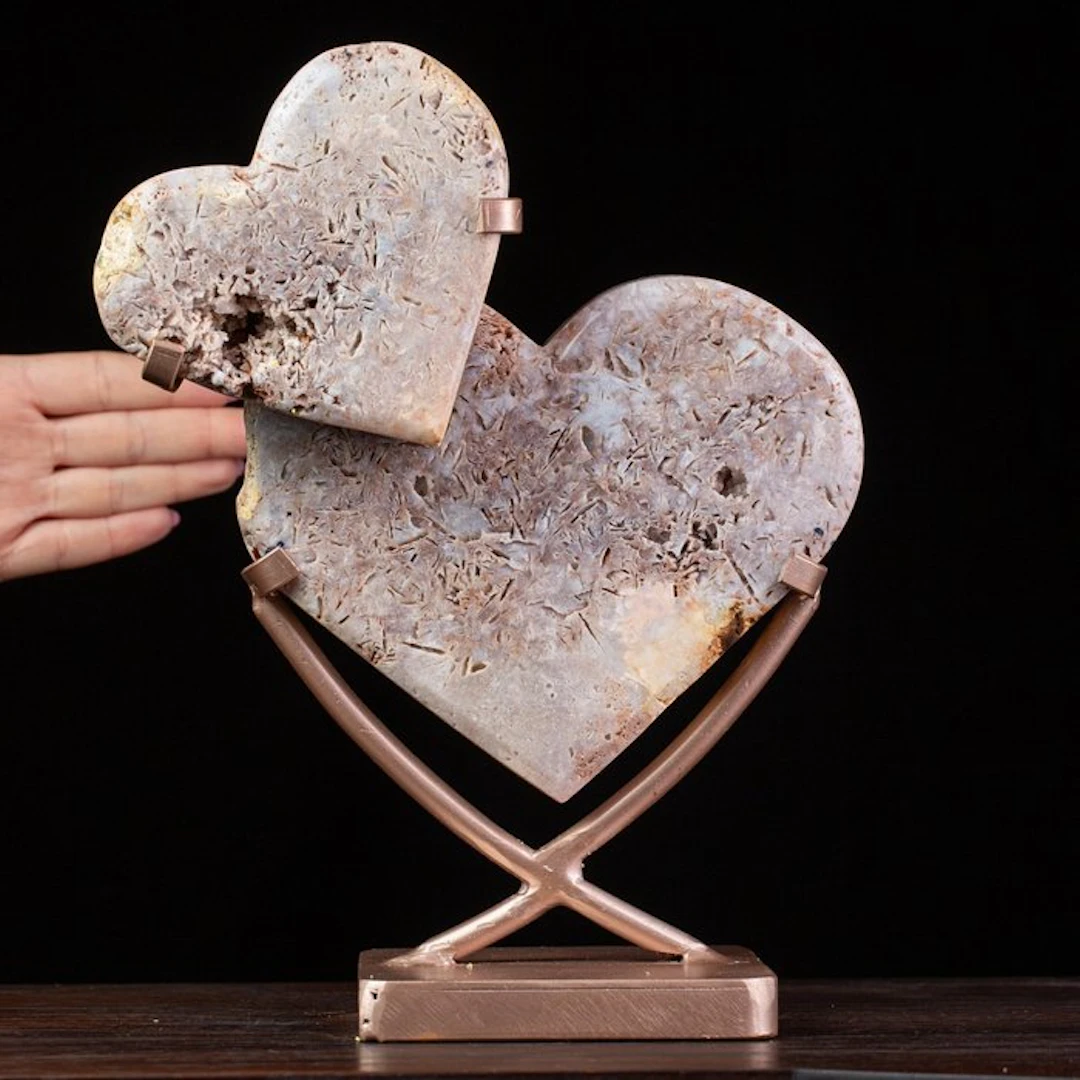 Elegant Duo of Hearts in Pink Amethyst on Decorative Iron...