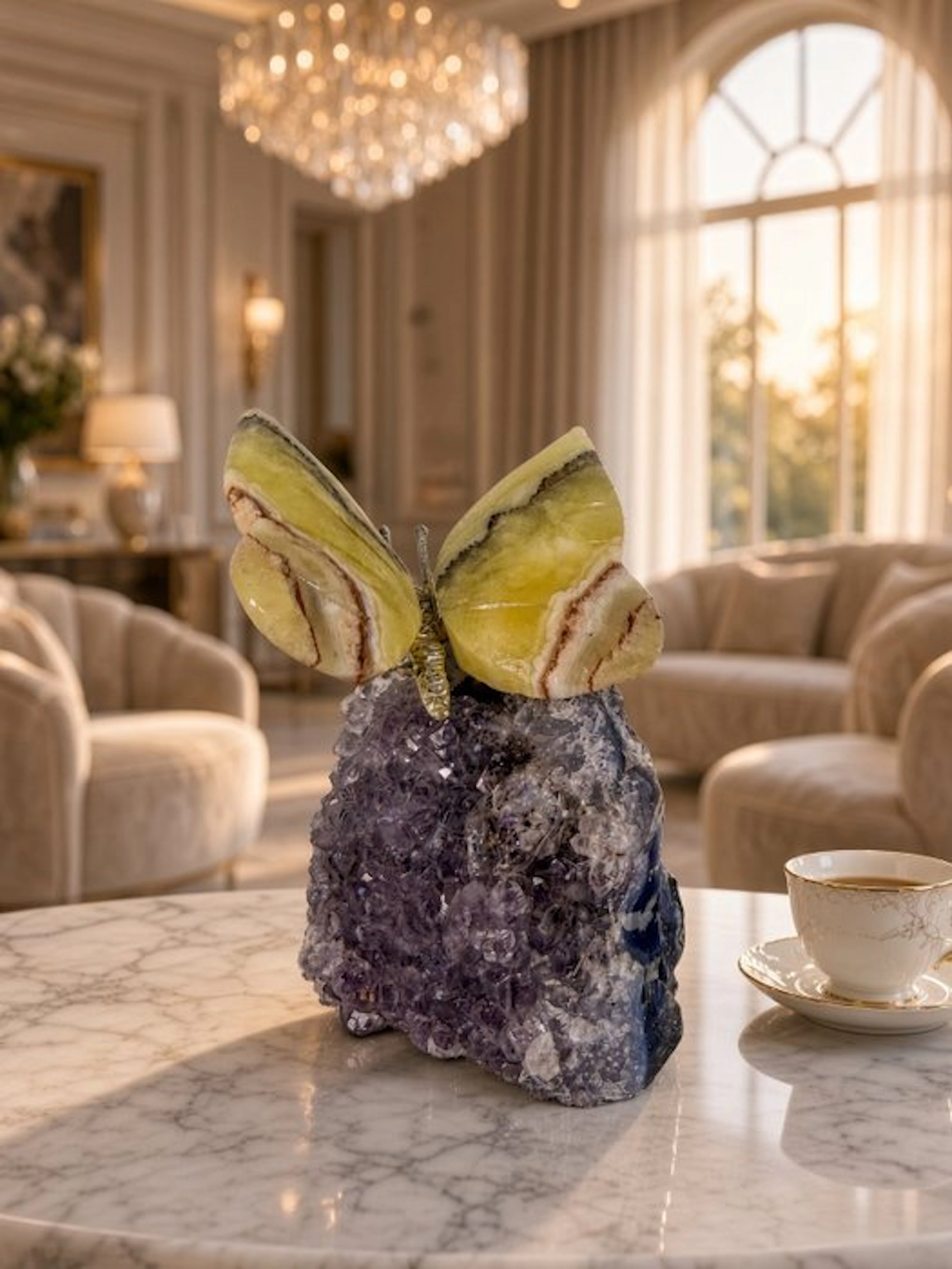 Hand-carved onyx butterfly on amethyst cluster — no...