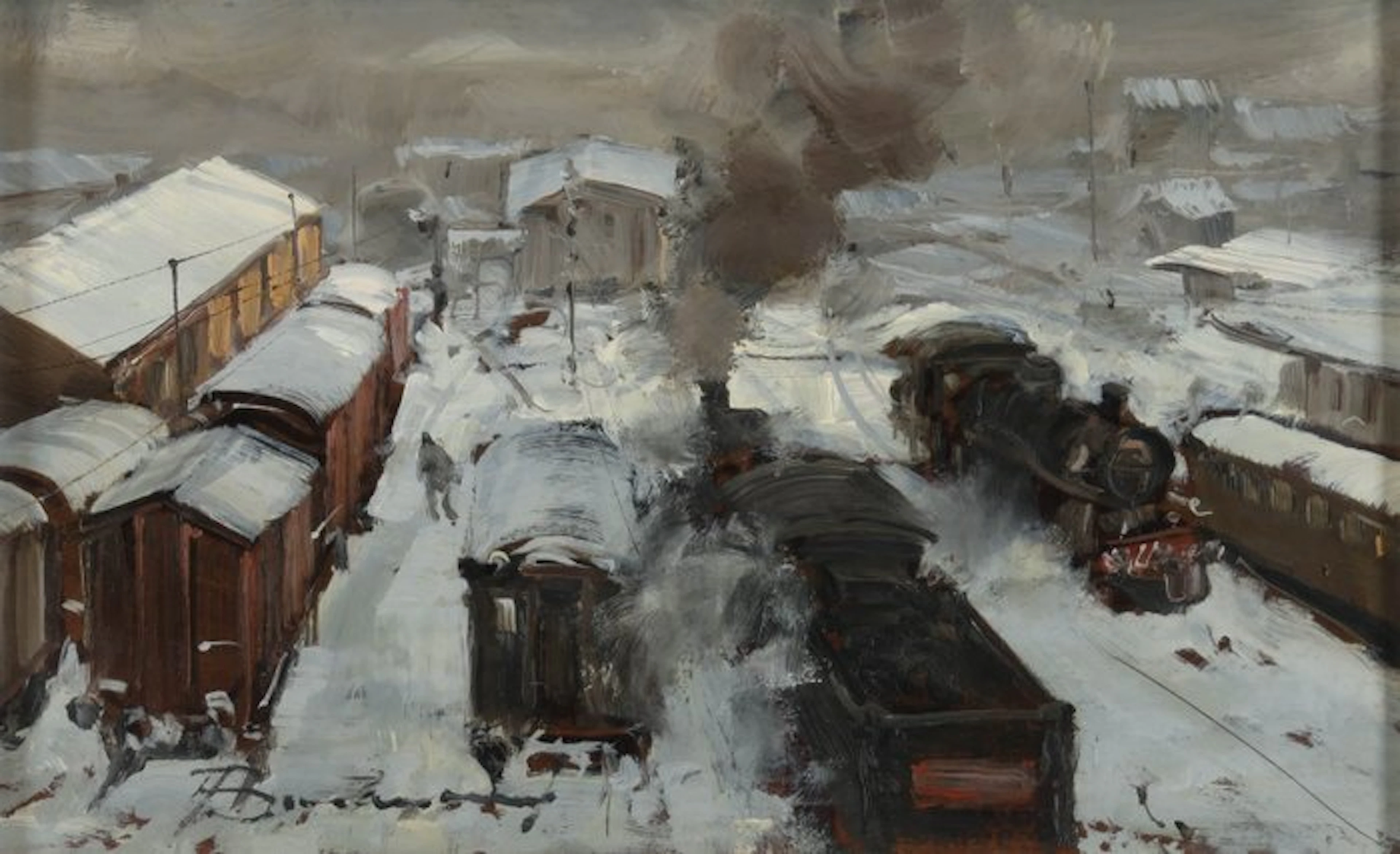 Arturo Bonanomi (1920-2010) - Winter at the Railway Depot