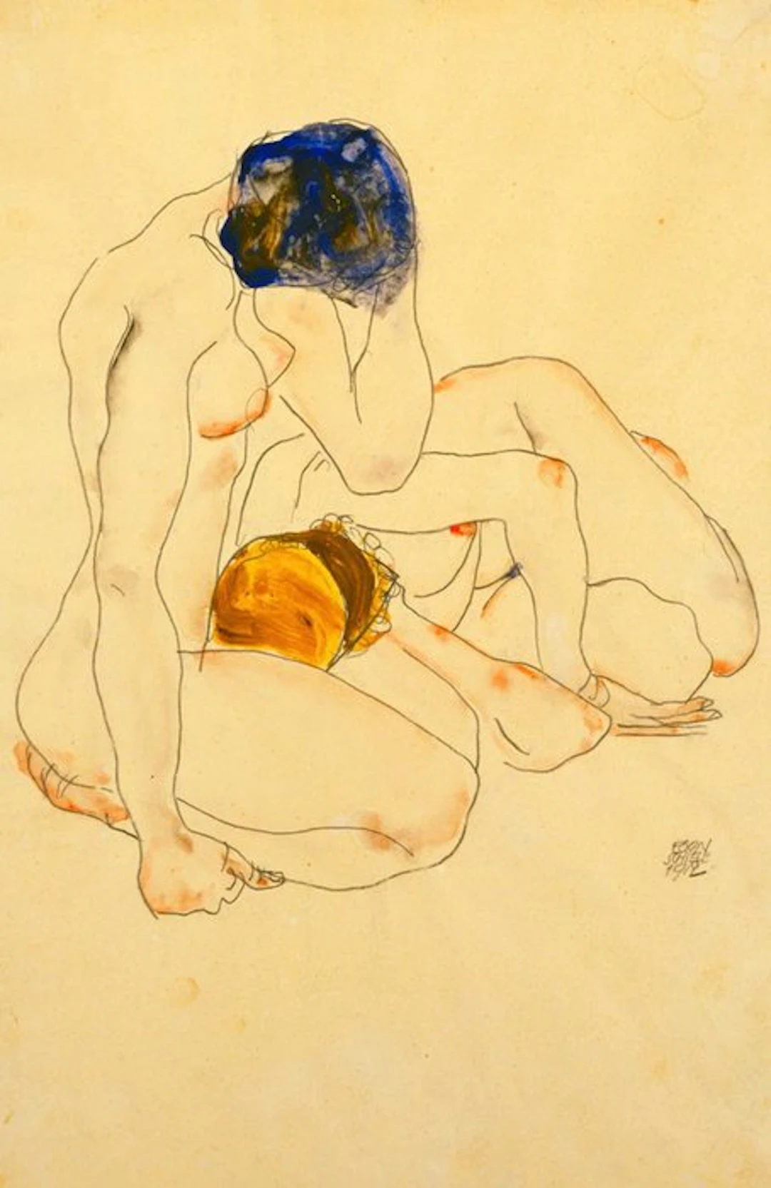 Egon Schiele - “Two friends, 1912”. Gesigneerd en gedateerd in de plaat.