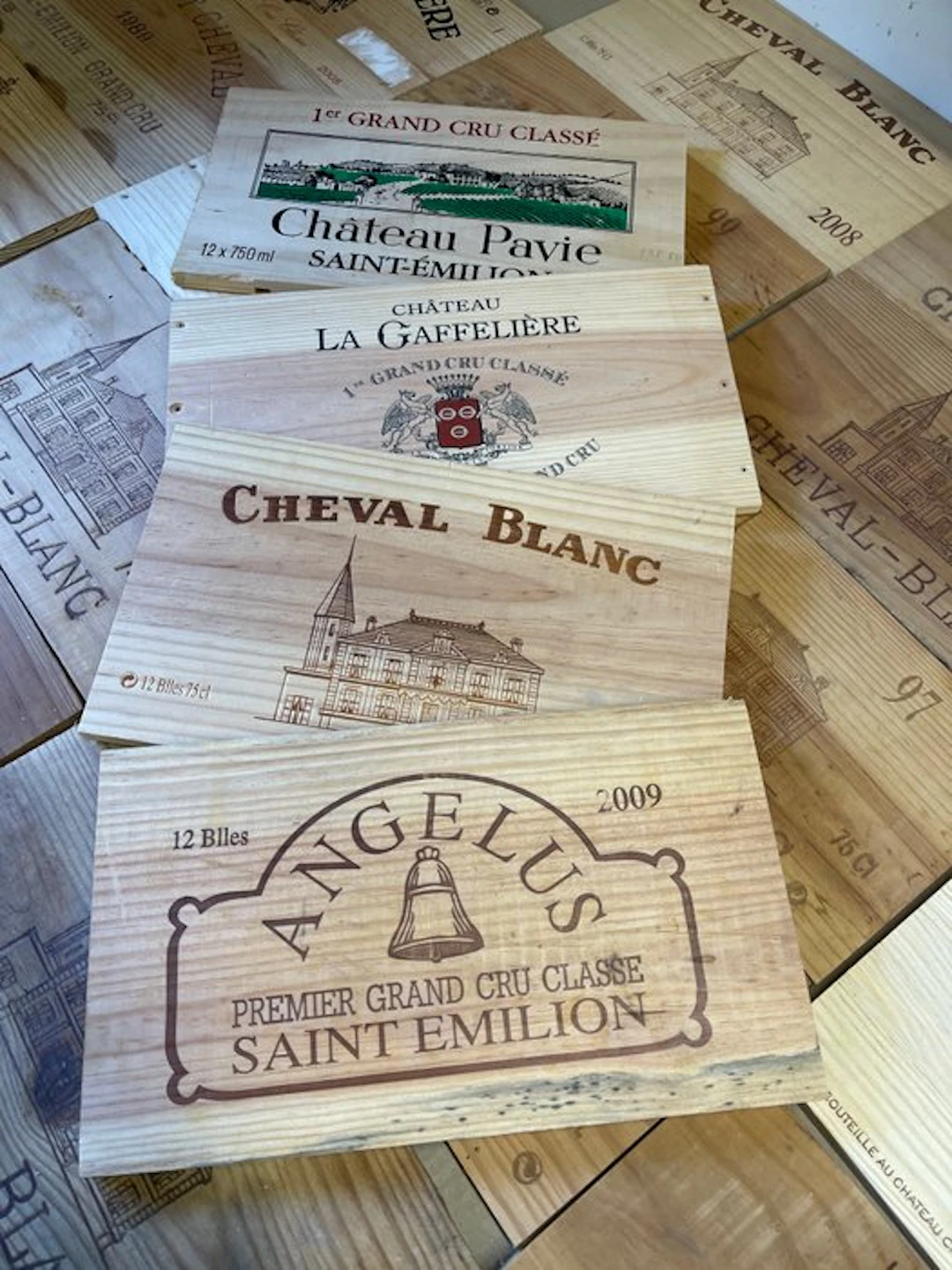 60 Wooden Fronts of cases of Château Angélus