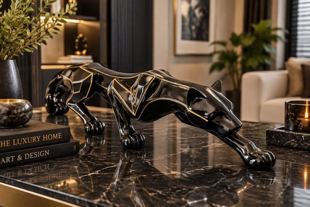 Sculpture, Geometrische Zwarte Panter Sculptuur 73cm! - 16 cm - synthetic