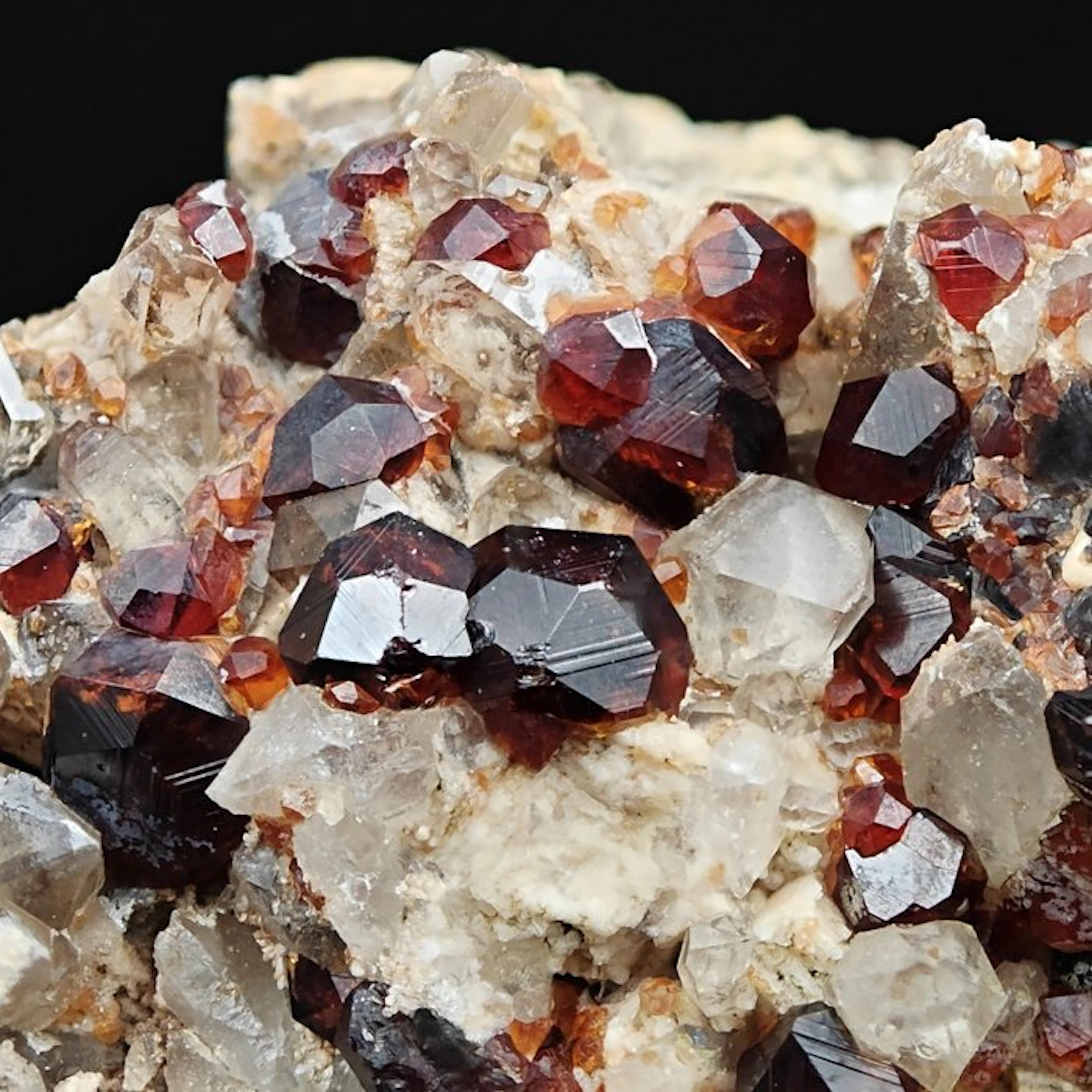 COARSE RED AND ORANGE SPESSARTINE with QUARTZ Crystals on...